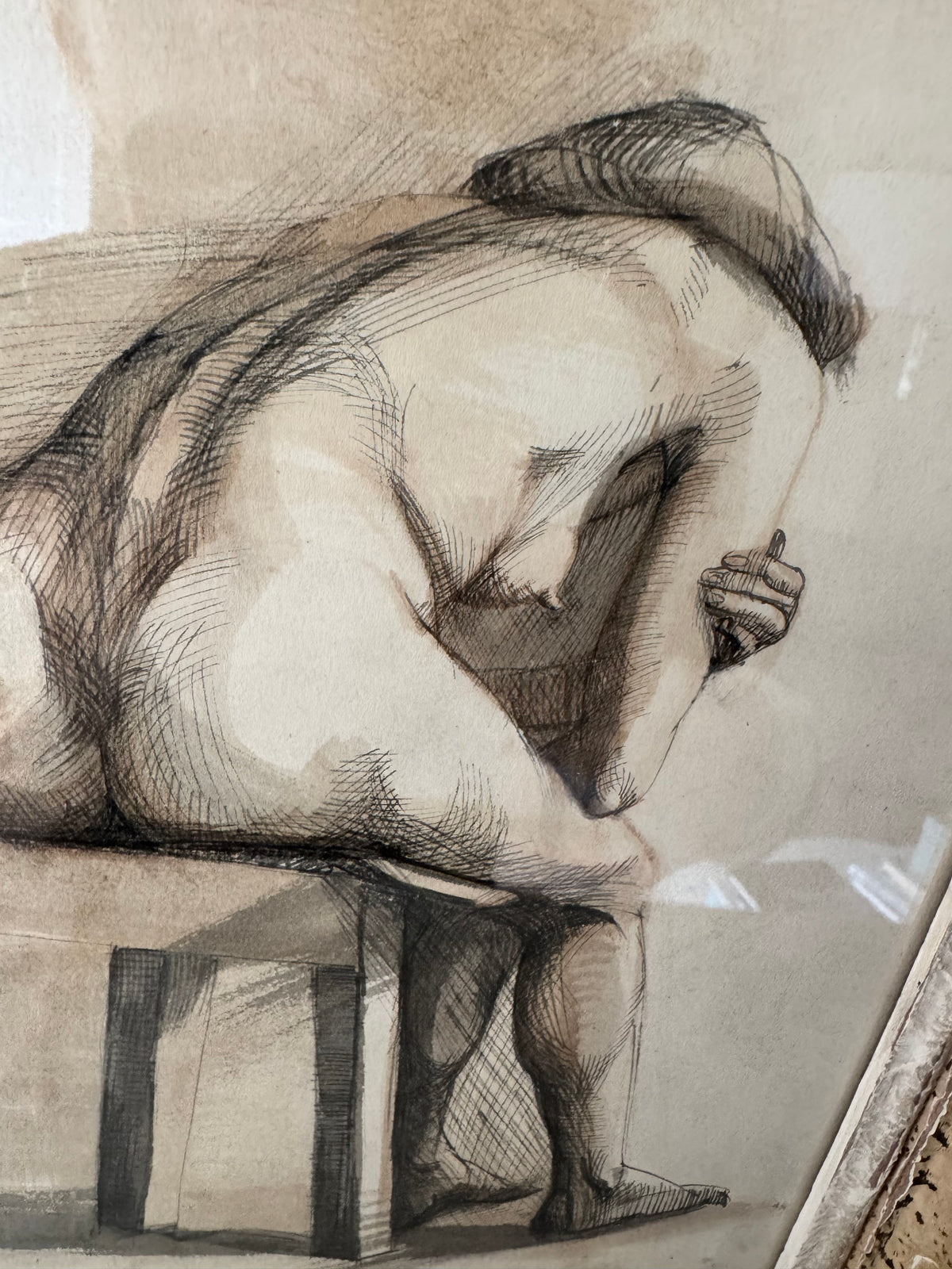Nude Study In Ink Framed In Vintage French Frame