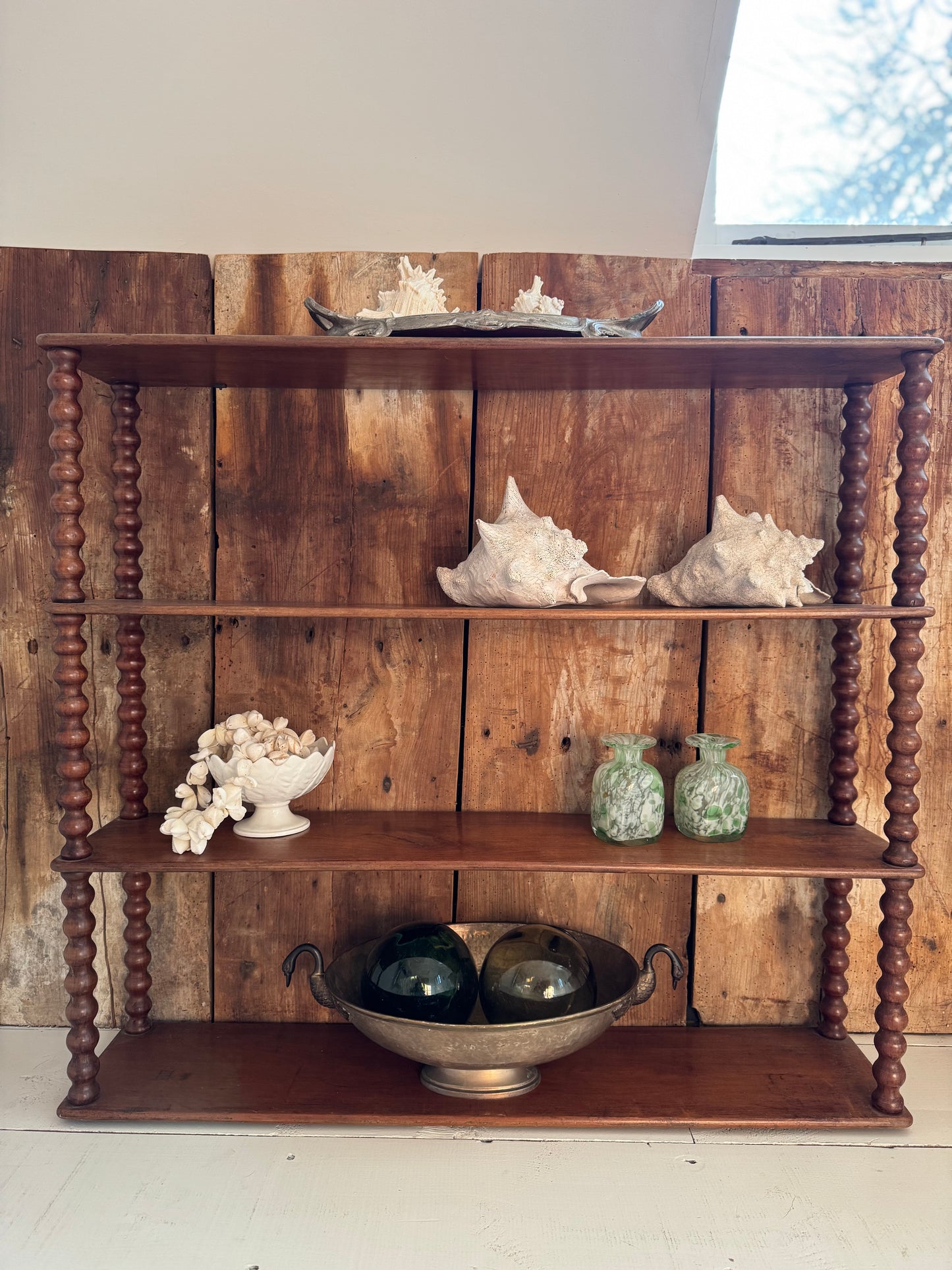 Large Antique Beautiful Bobbin Turned Mahogany Wall Shelf