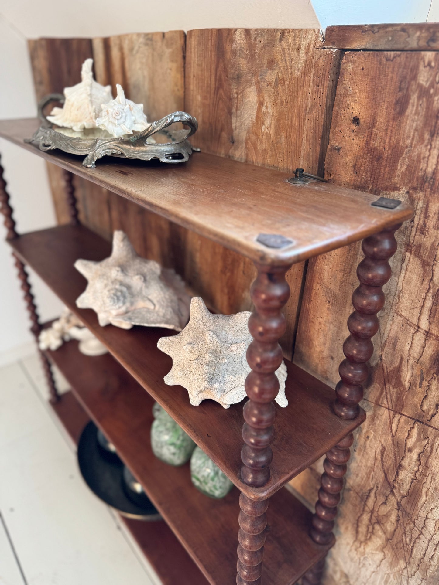 Large Antique Beautiful Bobbin Turned Mahogany Wall Shelf
