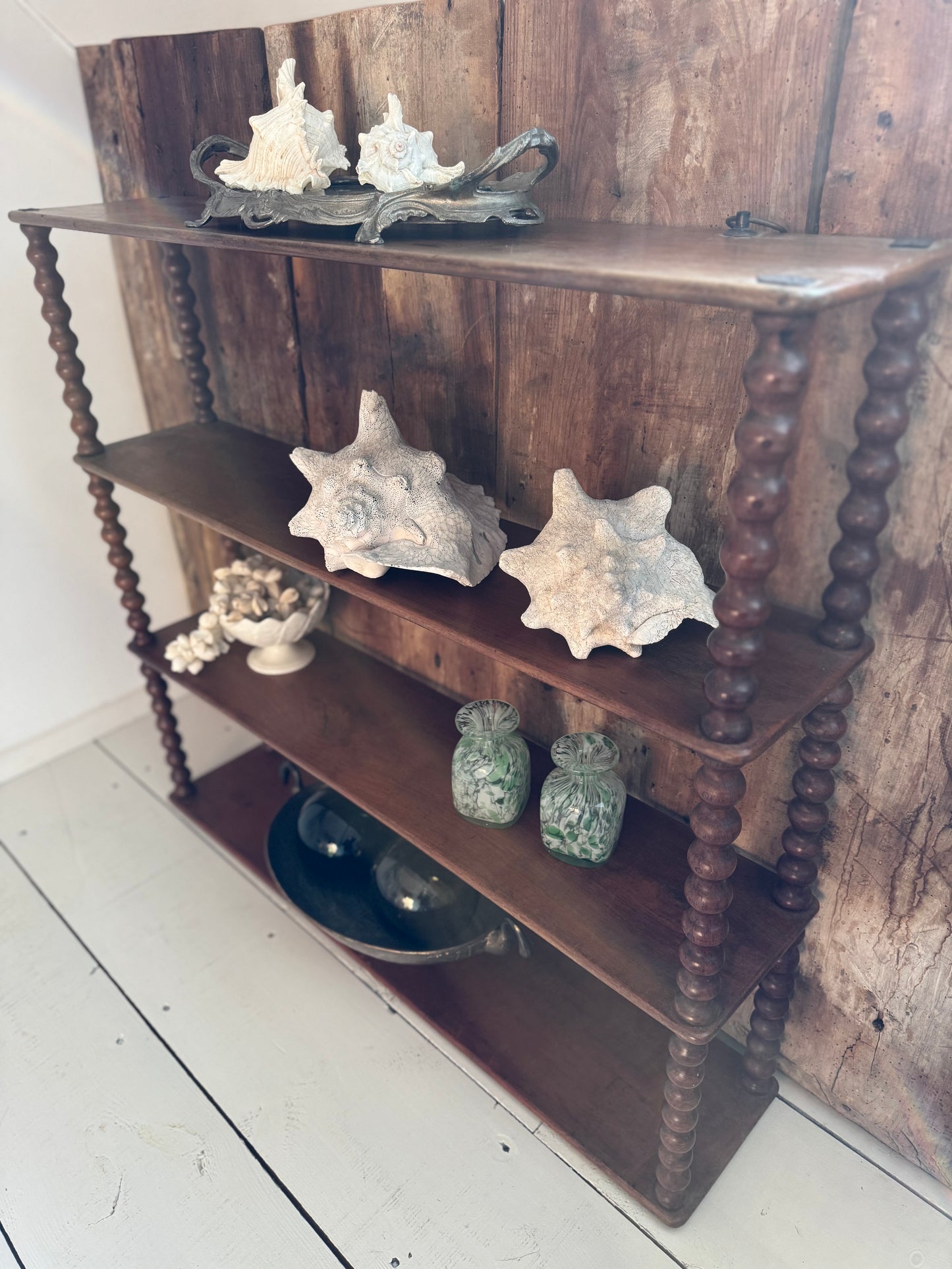 Large Antique Beautiful Bobbin Turned Mahogany Wall Shelf