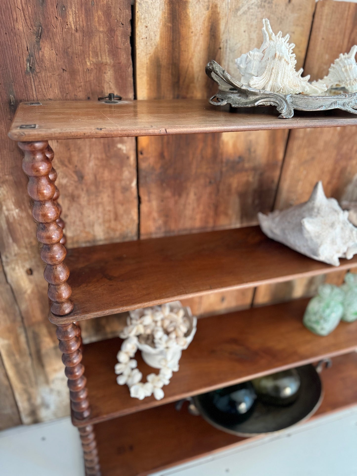 Large Antique Beautiful Bobbin Turned Mahogany Wall Shelf