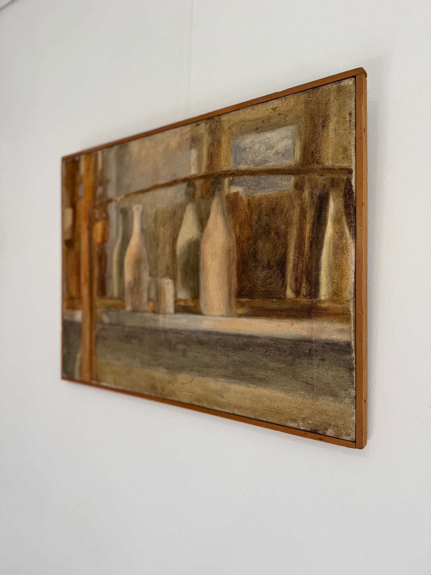 Vintage Mid Century Bottles Still Life Oil On Canvas Framed