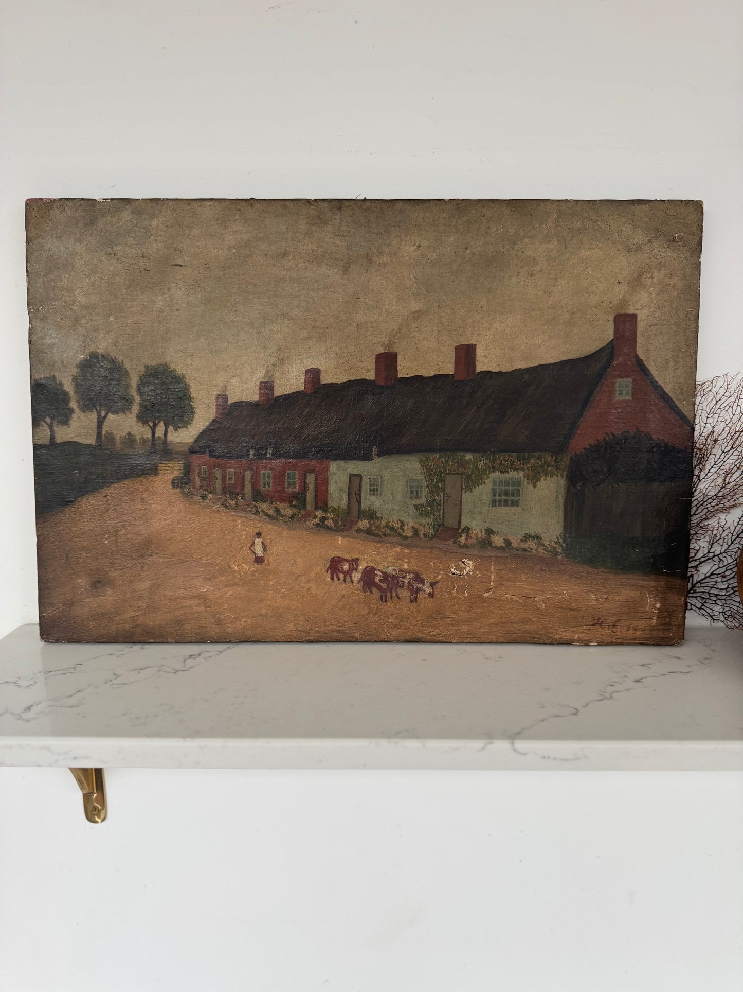 Vintage English Rural Village Scene Oil on Canvas