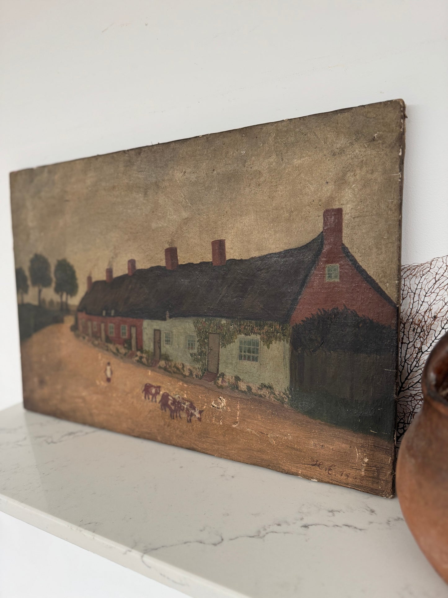 Vintage English Rural Village Scene Oil on Canvas