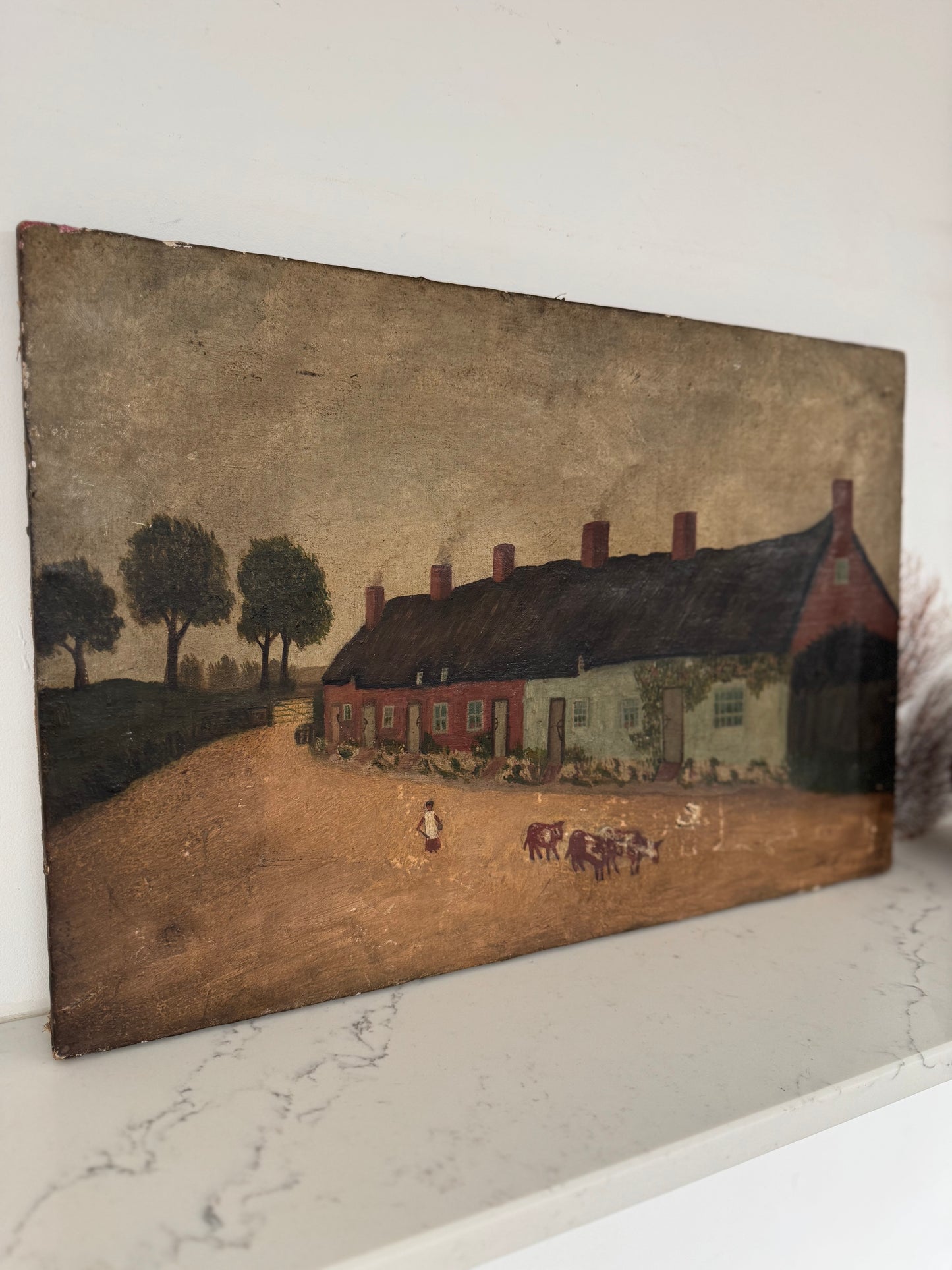 Vintage English Rural Village Scene Oil on Canvas