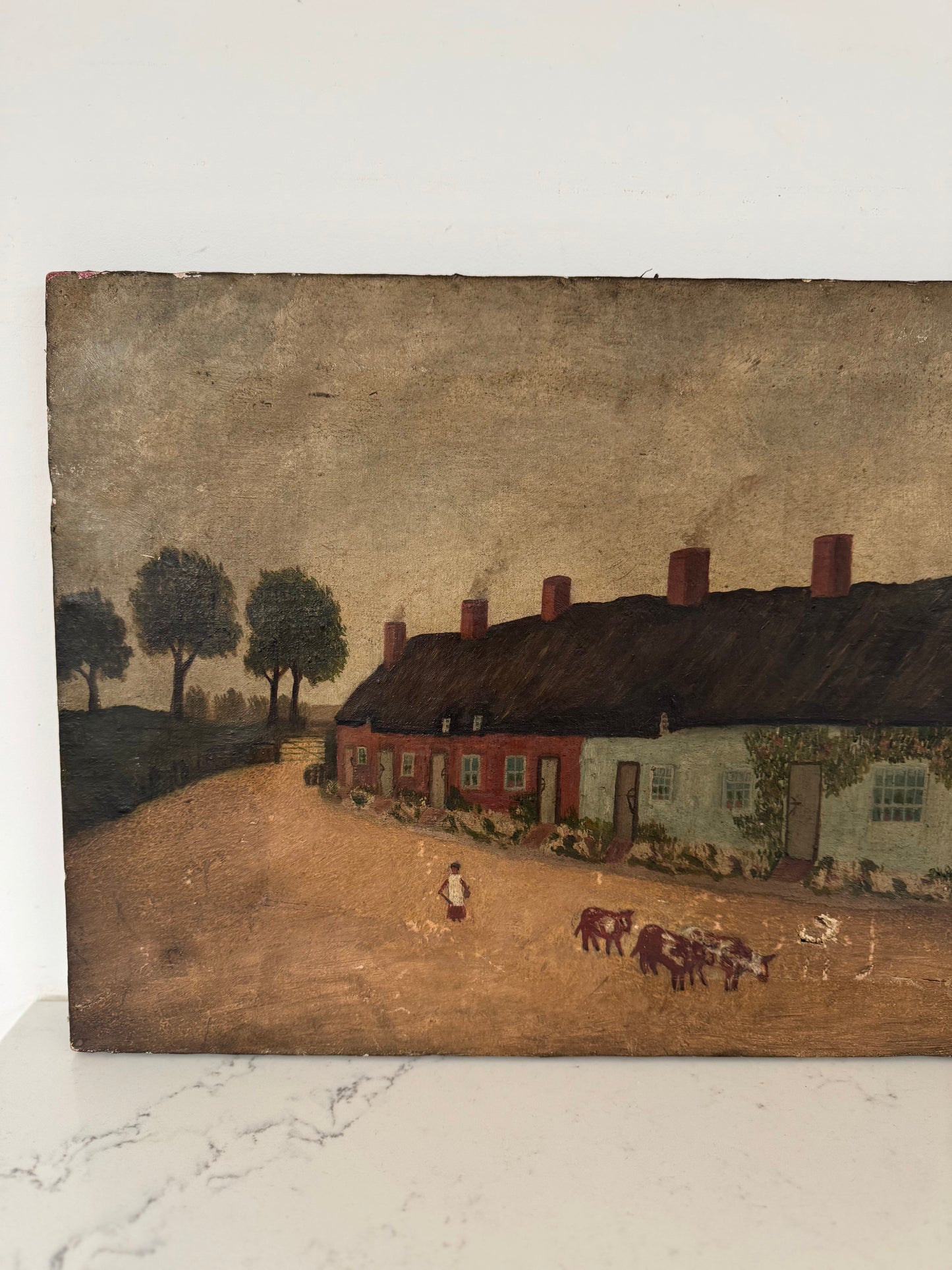 Vintage English Rural Village Scene Oil on Canvas
