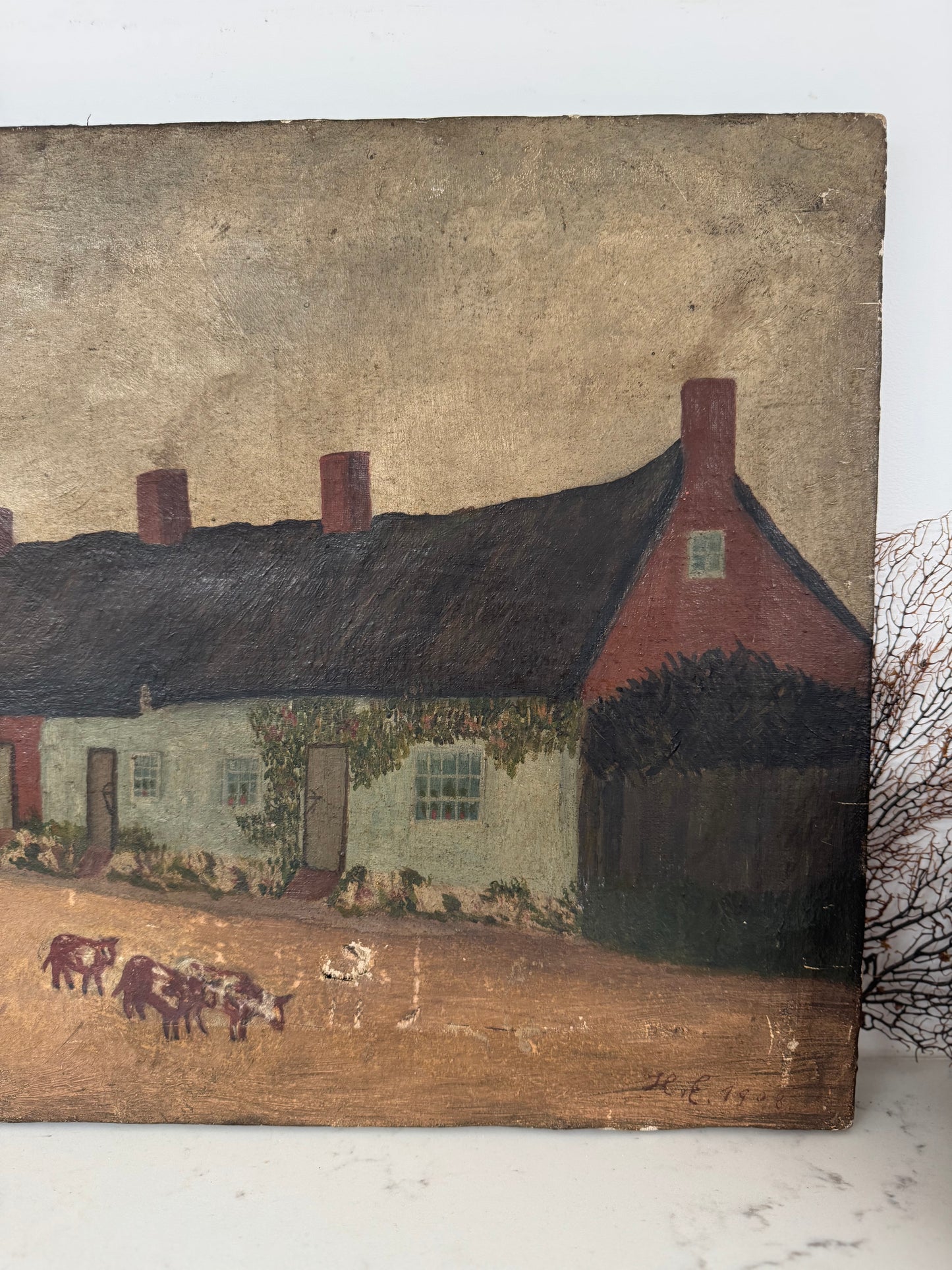 Vintage English Rural Village Scene Oil on Canvas