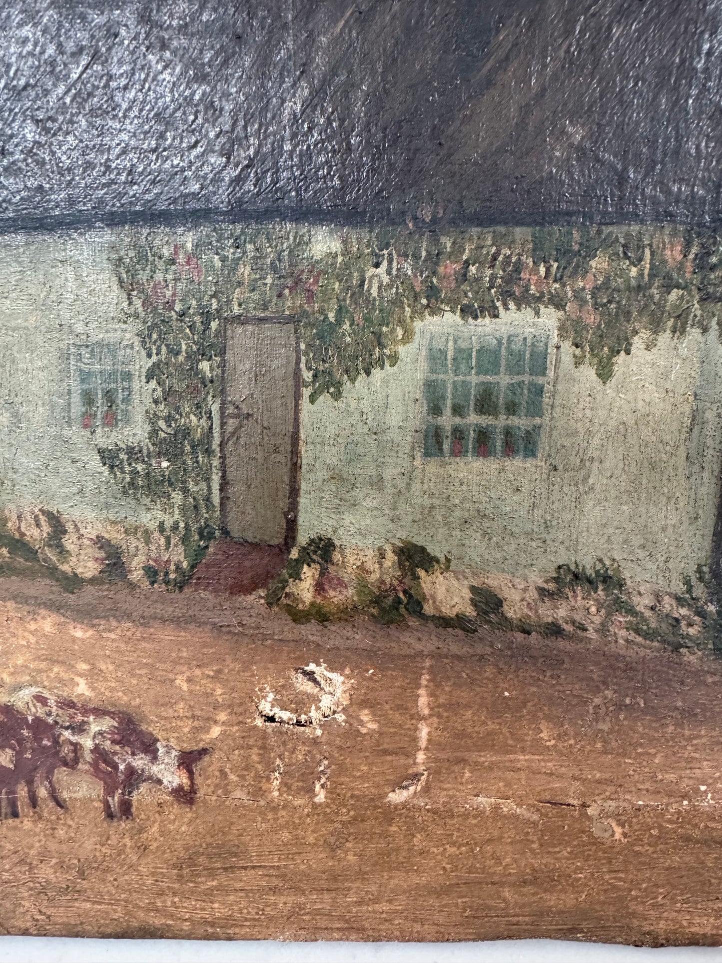 Vintage English Rural Village Scene Oil on Canvas