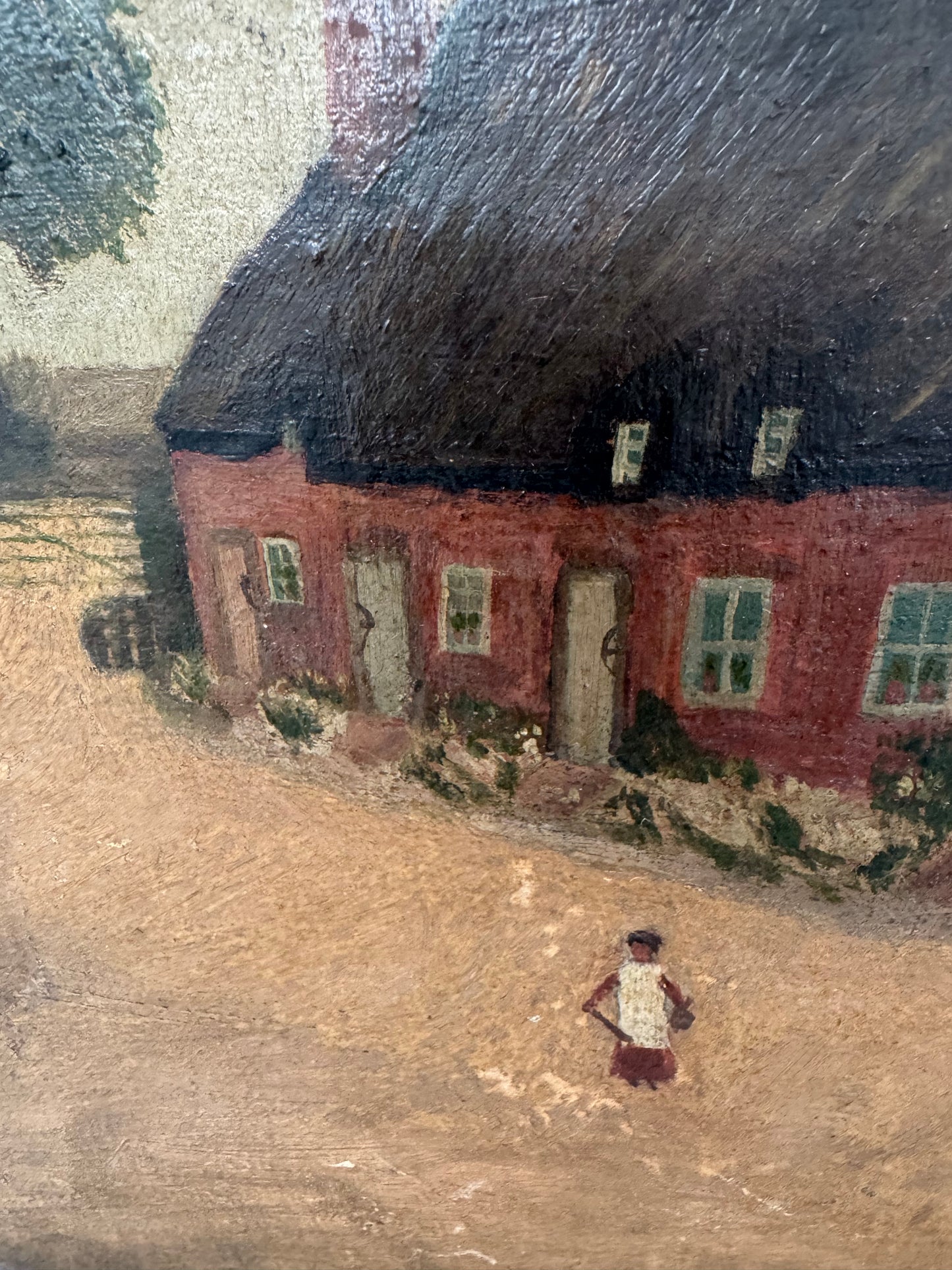 Vintage English Rural Village Scene Oil on Canvas