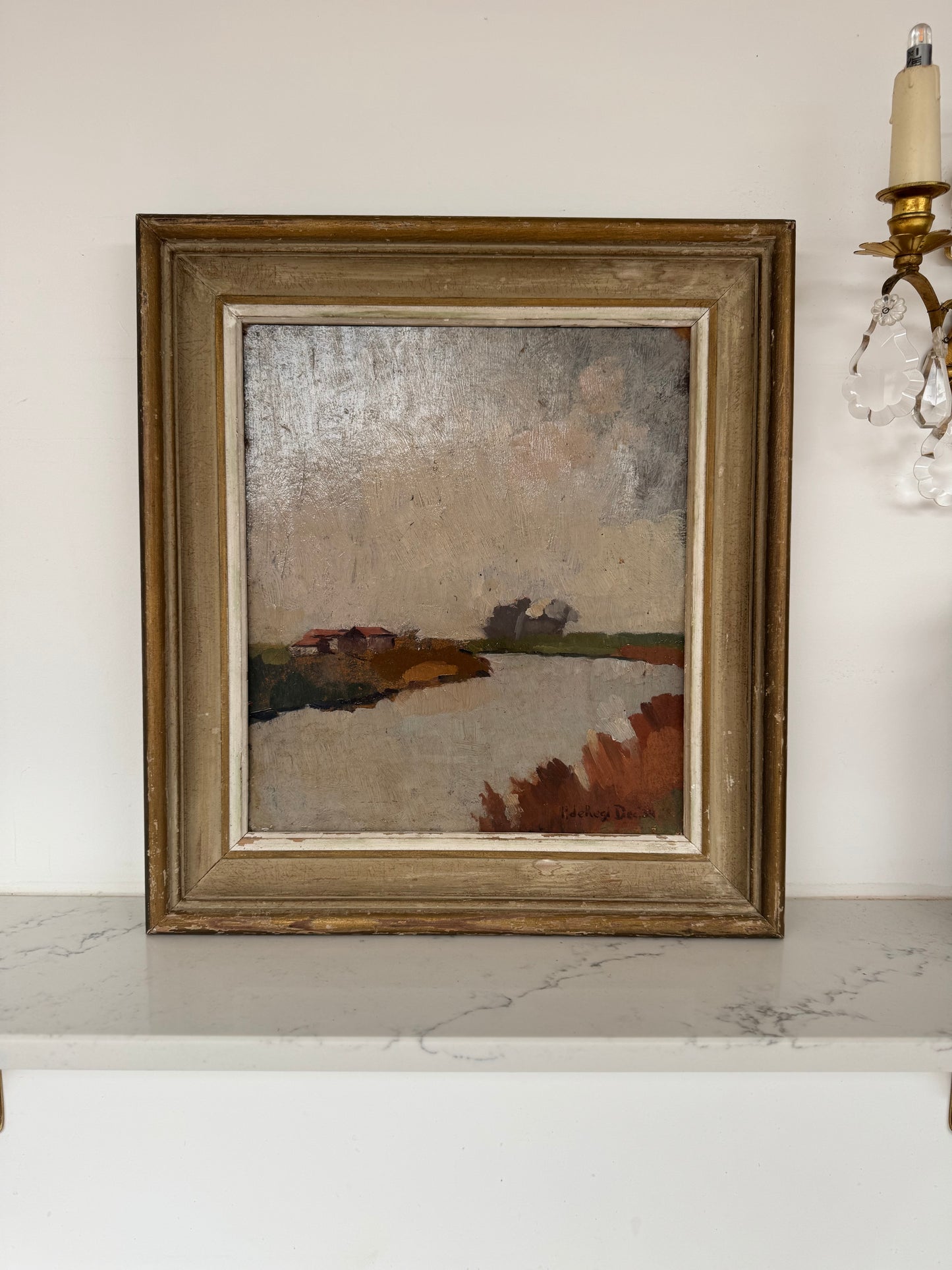 Antique Framed Oil On Board Flemish Landscape Study