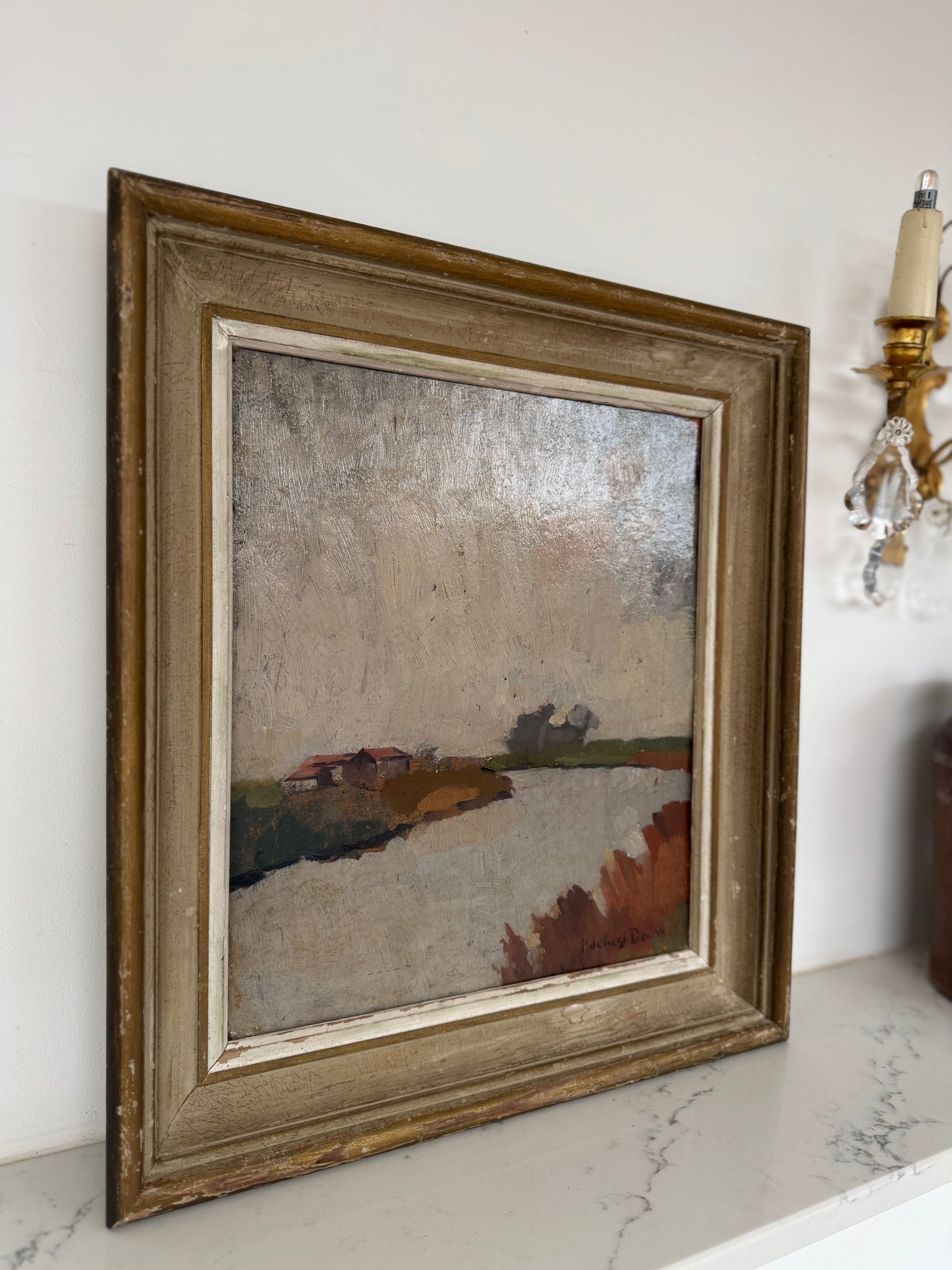 Antique Framed Oil On Board Flemish Landscape Study