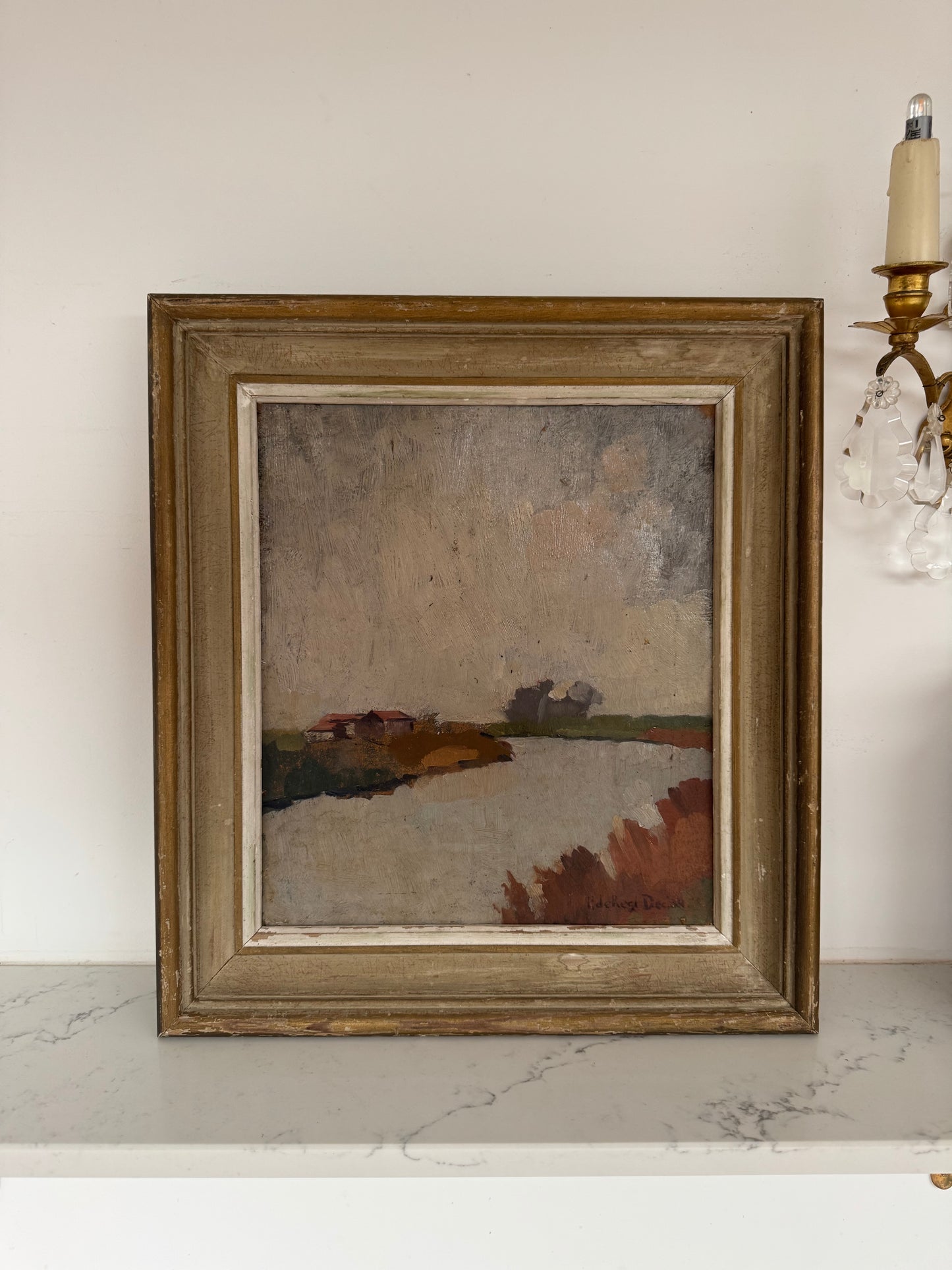 Antique Framed Oil On Board Flemish Landscape Study