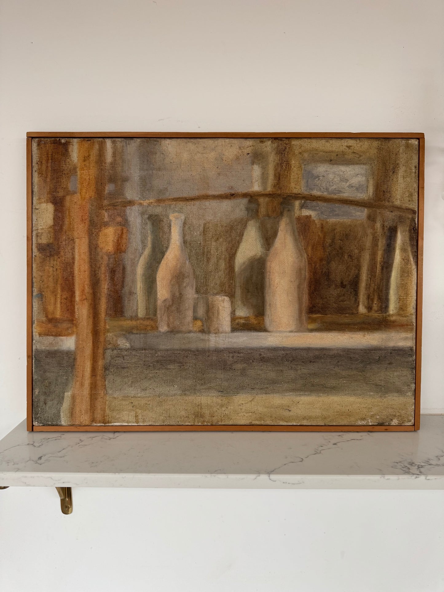 Vintage Mid Century Bottles Still Life Oil On Canvas Framed