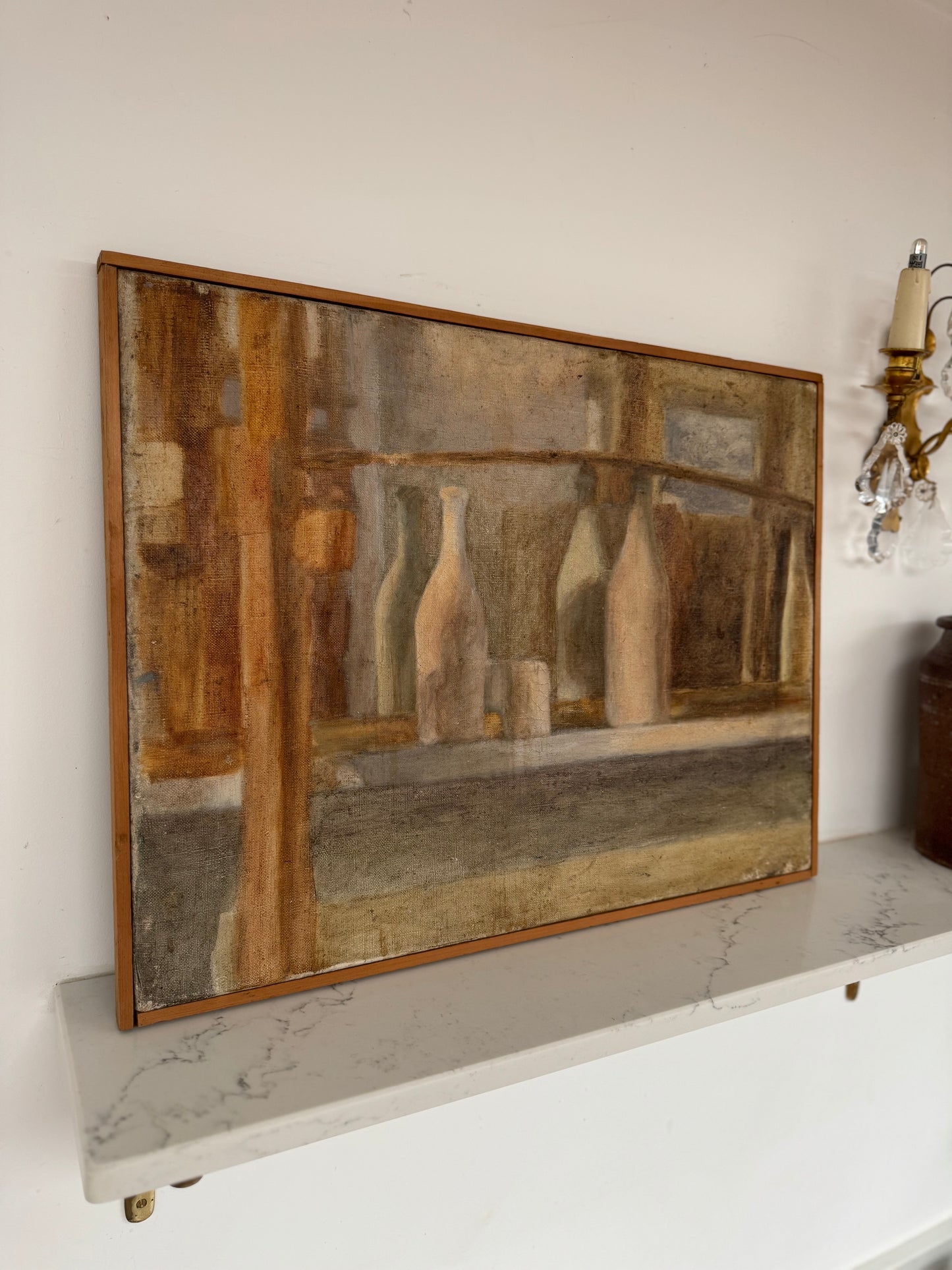Vintage Mid Century Bottles Still Life Oil On Canvas Framed