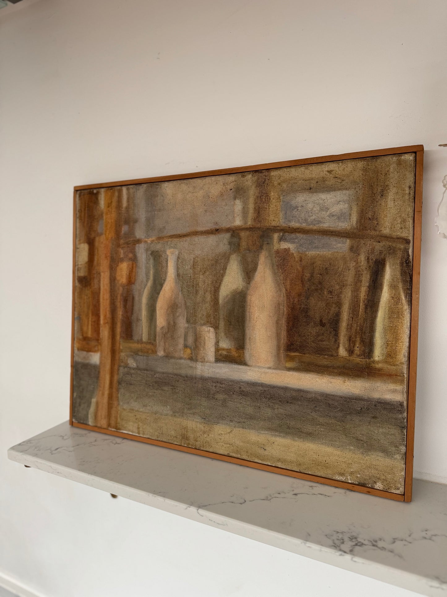 Vintage Mid Century Bottles Still Life Oil On Canvas Framed