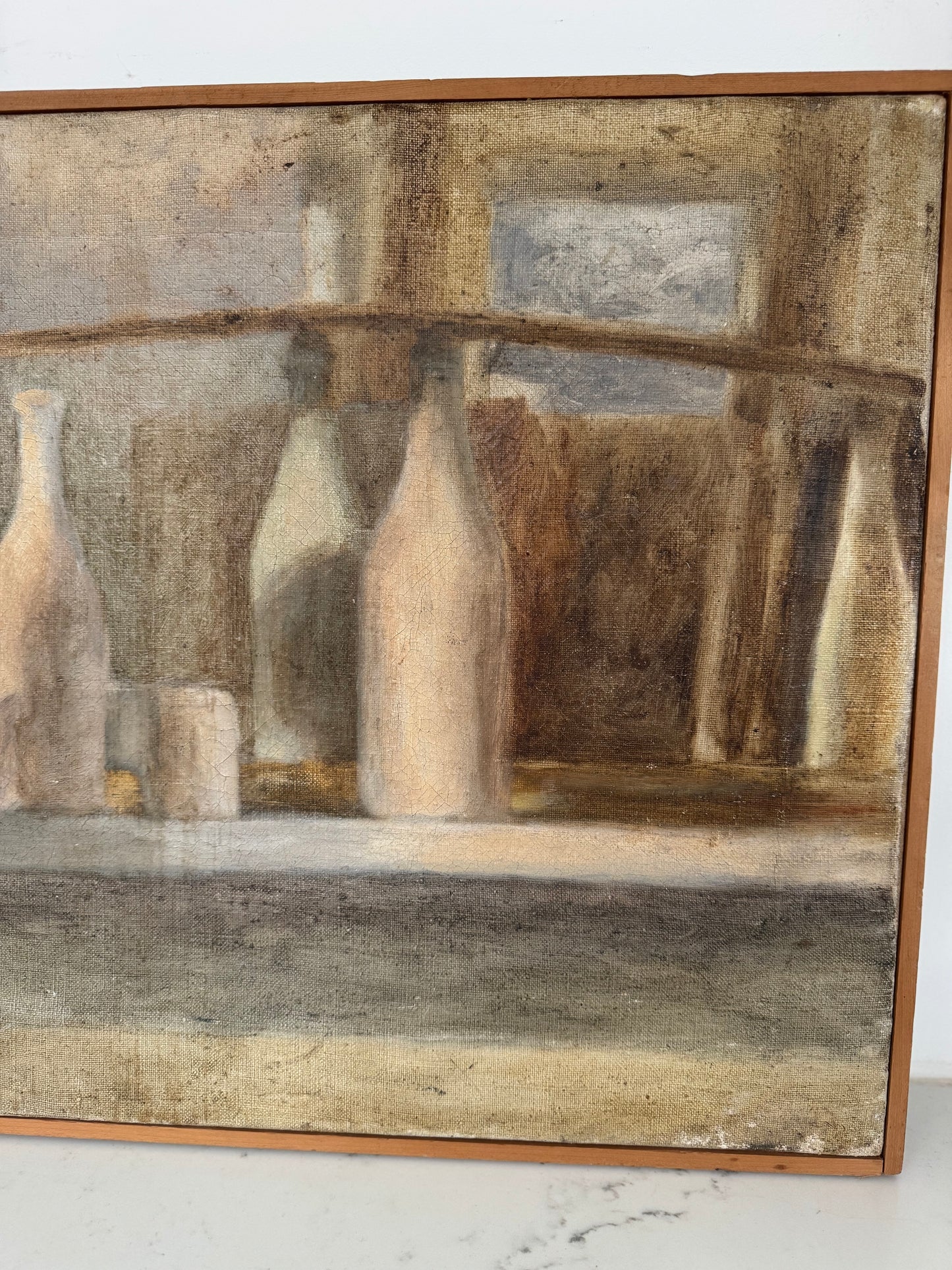 Vintage Mid Century Bottles Still Life Oil On Canvas Framed