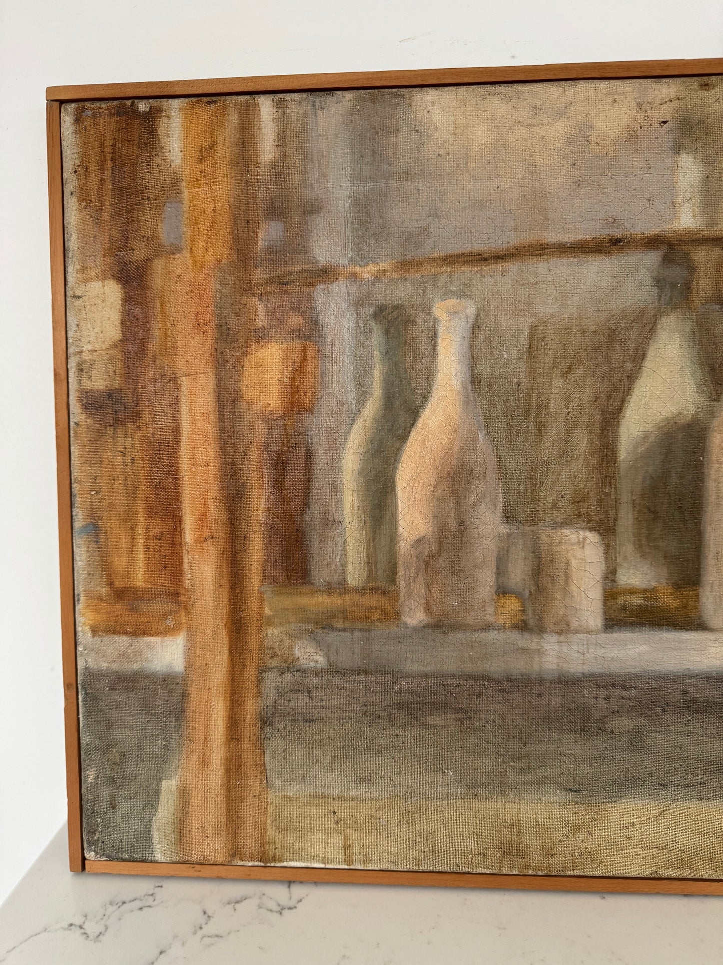Vintage Mid Century Bottles Still Life Oil On Canvas Framed