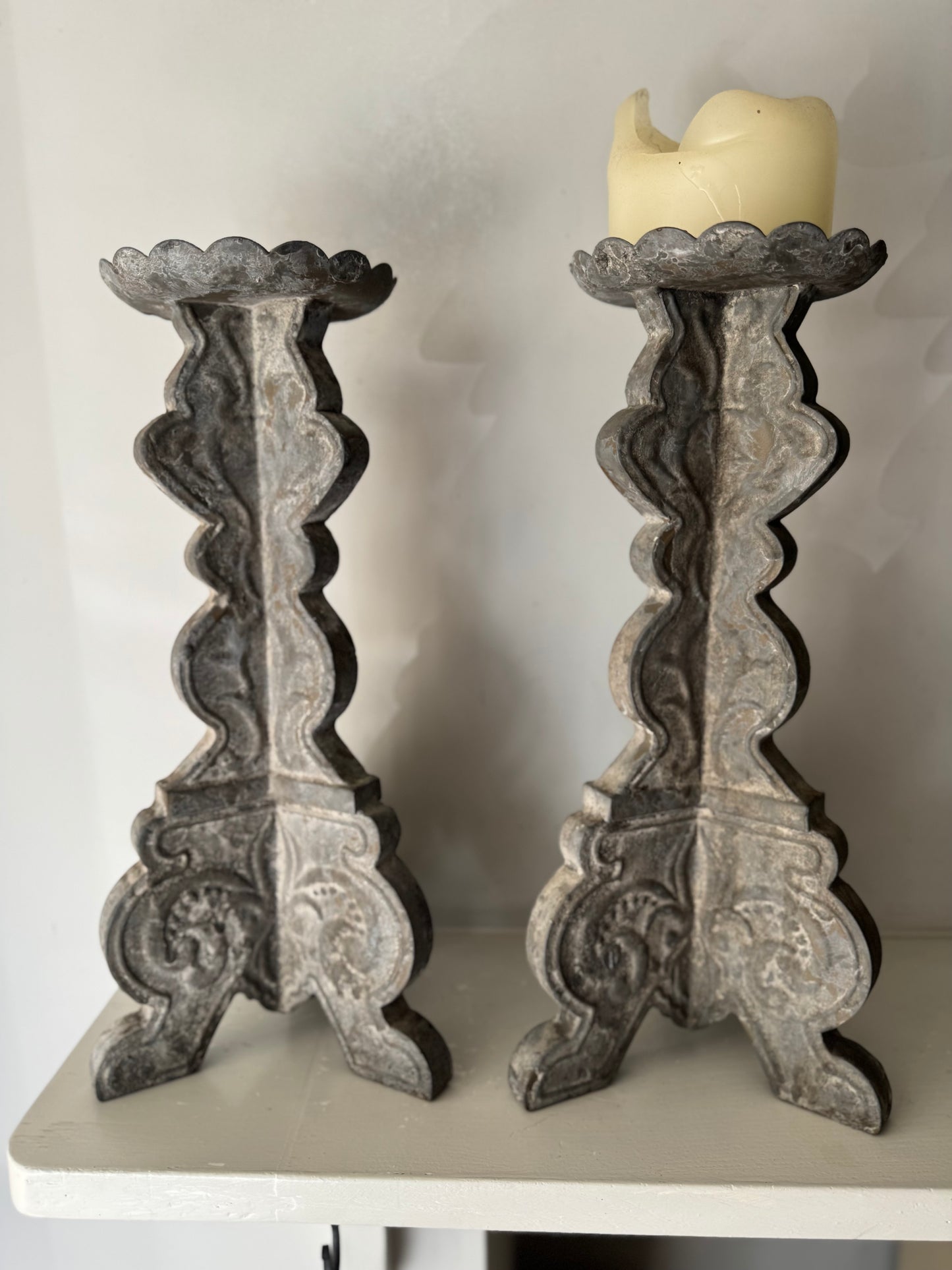 Pair Vintage French Zinc Candle Sticks