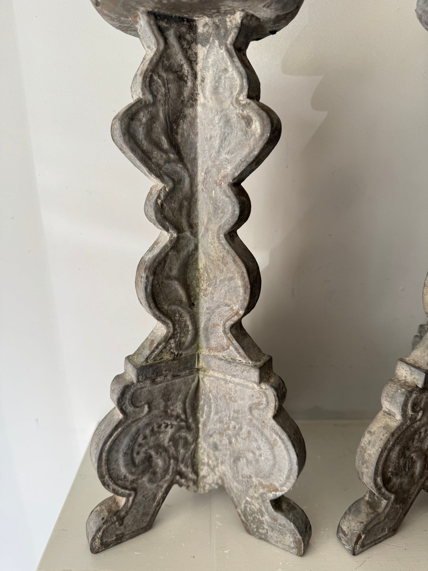 Pair Vintage French Zinc Candle Sticks