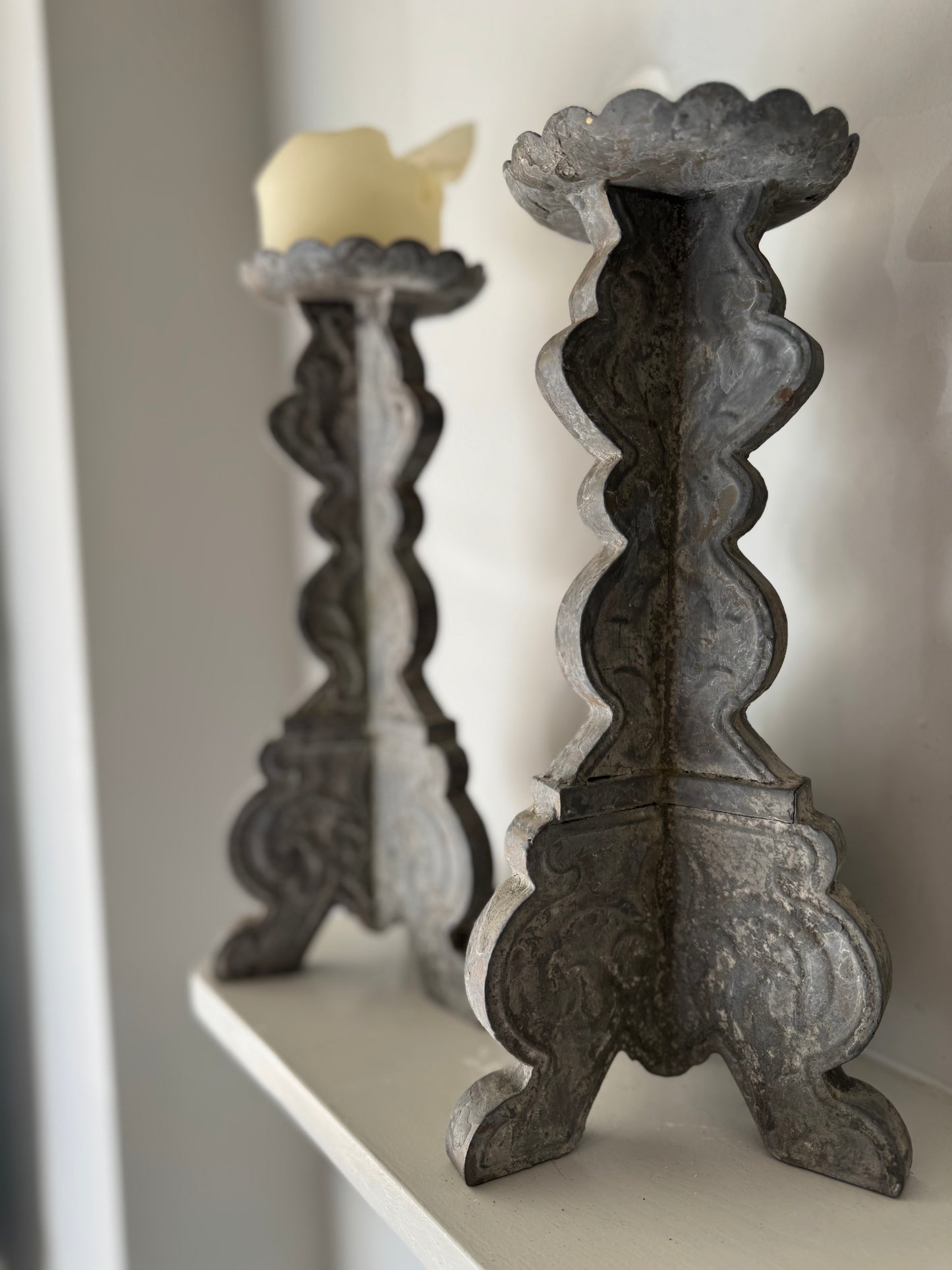 Pair Vintage French Zinc Candle Sticks