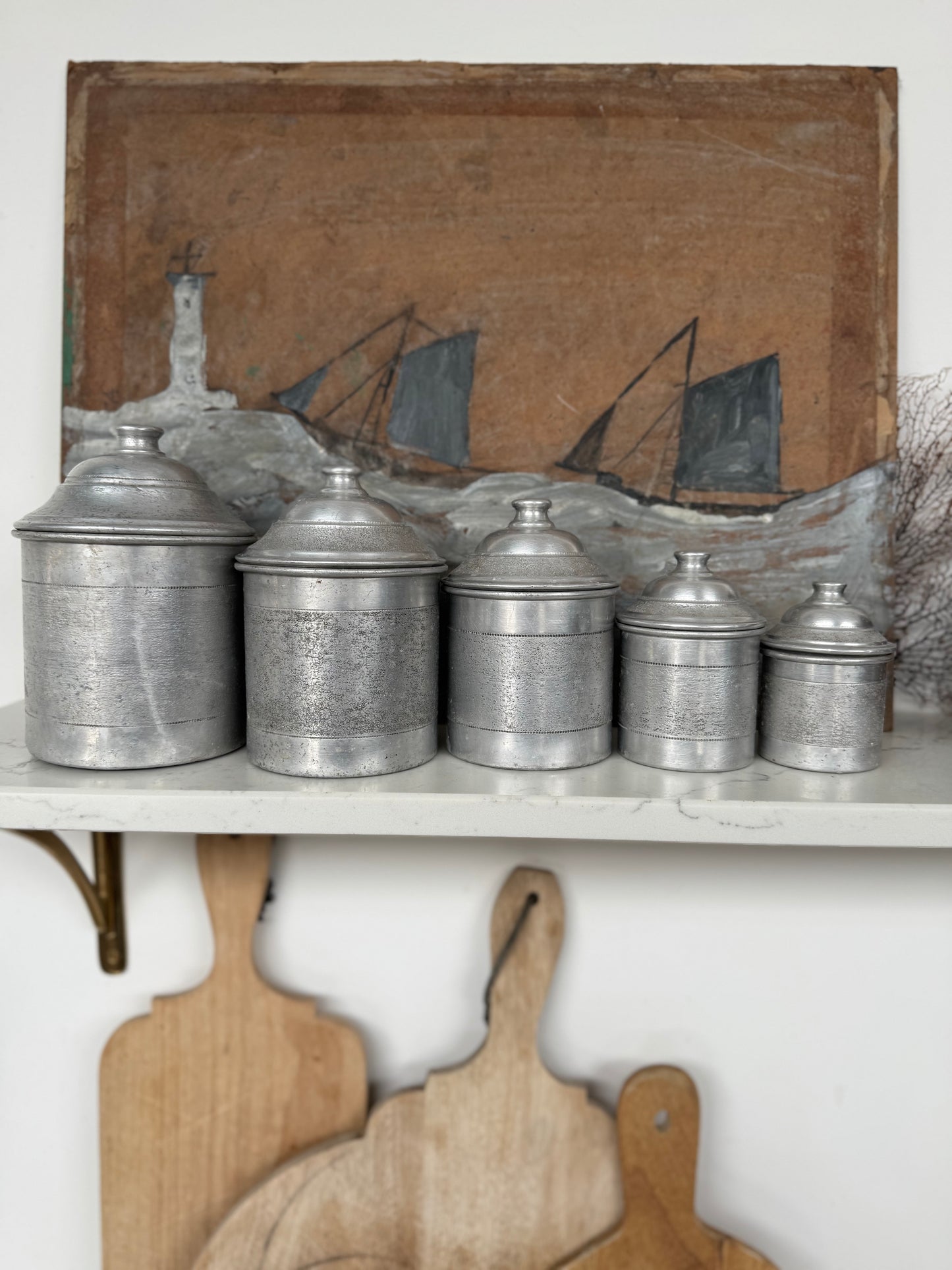 Set Of 5 Vintage French Aluminium Stacking Canisters