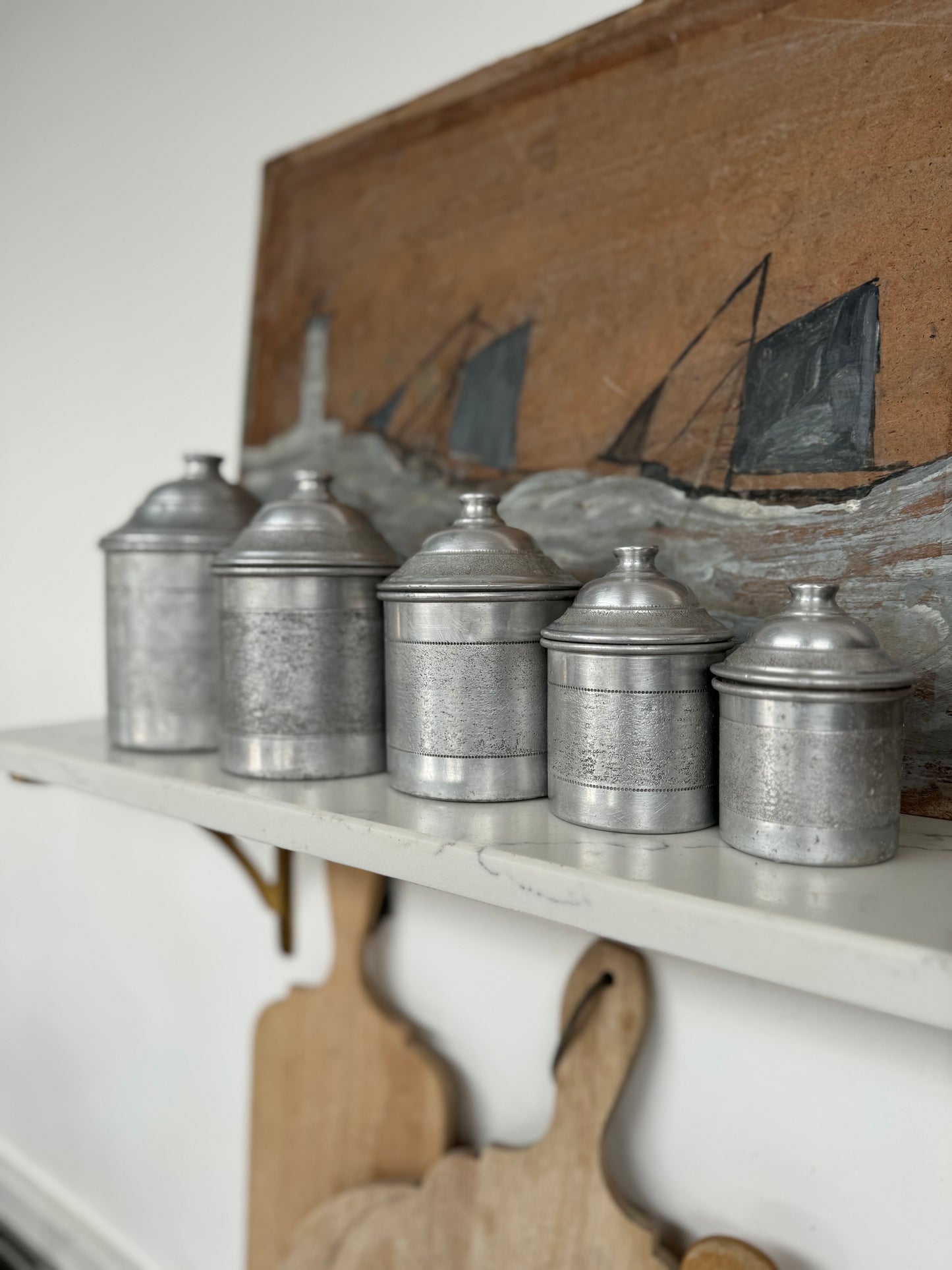 Set Of 5 Vintage French Aluminium Stacking Canisters