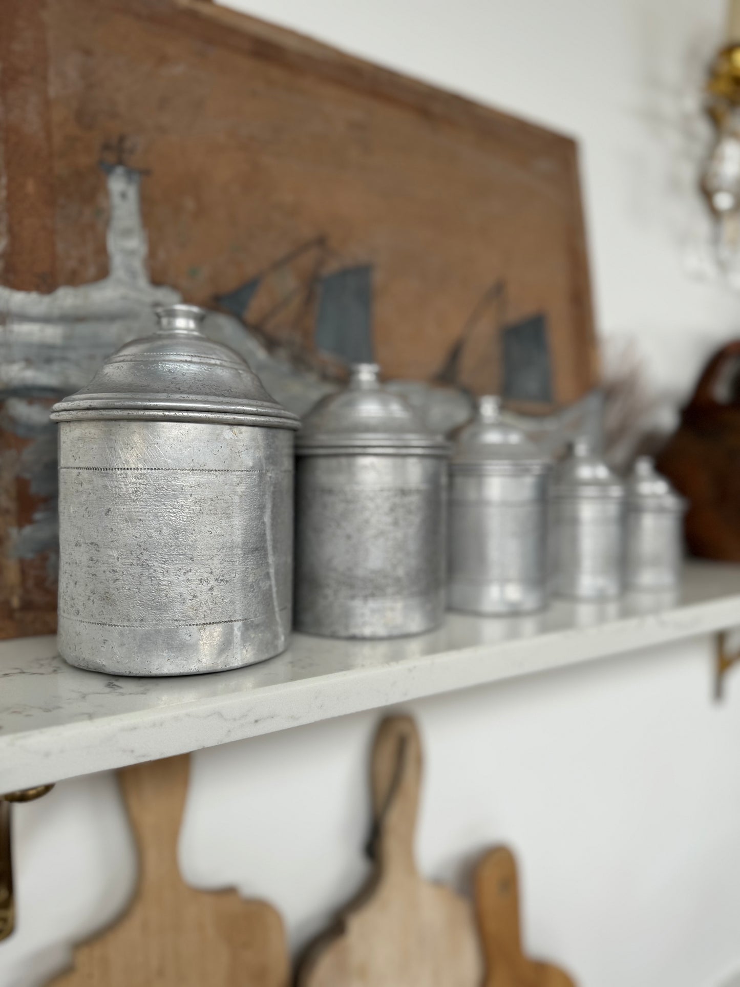 Set Of 5 Vintage French Aluminium Stacking Canisters