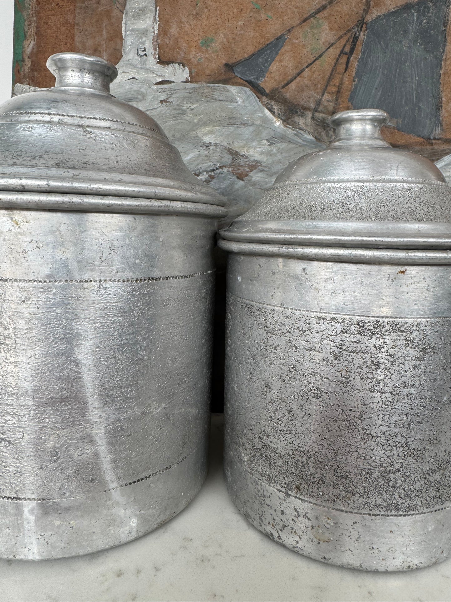 Set Of 5 Vintage French Aluminium Stacking Canisters
