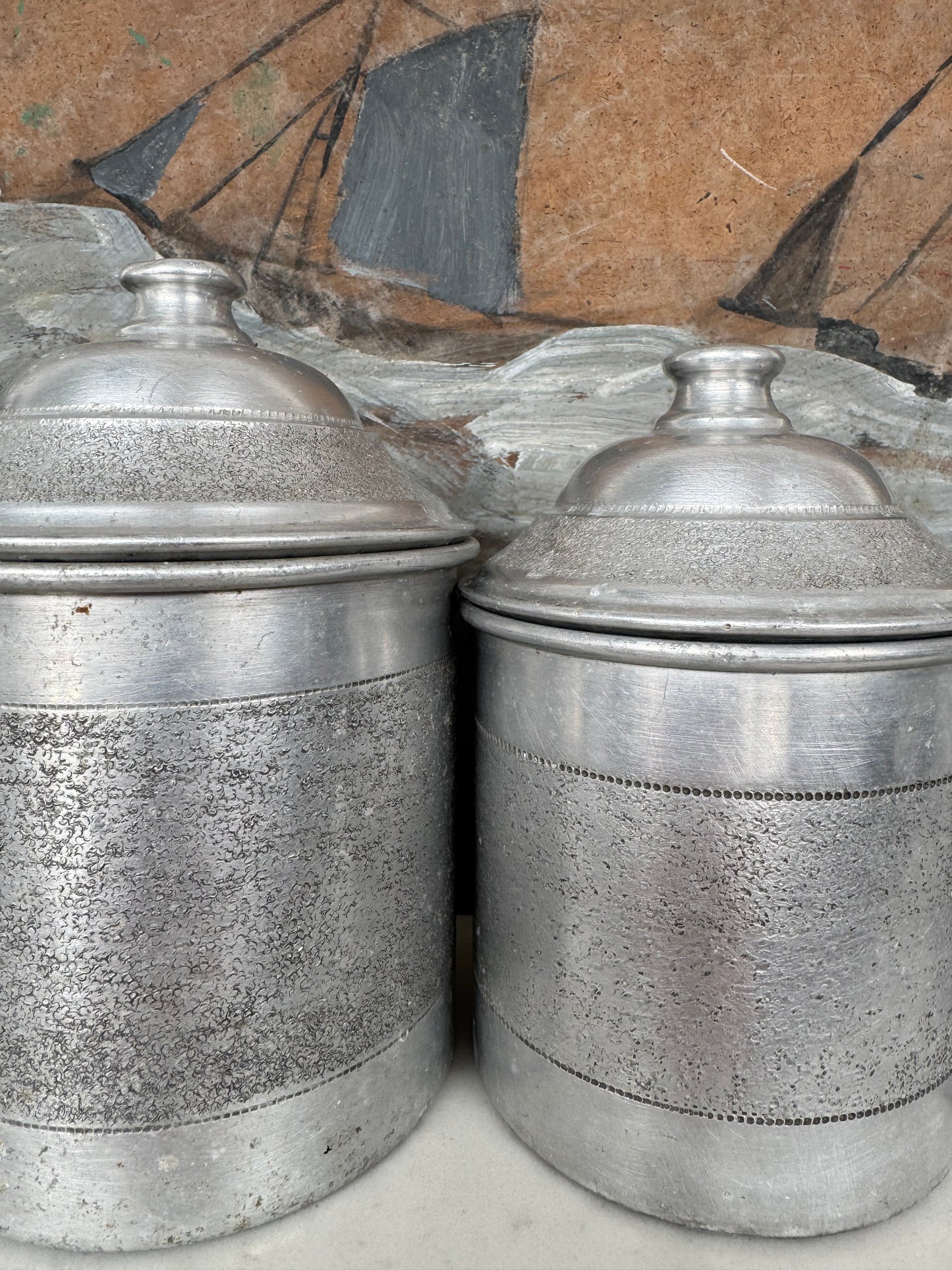 Set Of 5 Vintage French Aluminium Stacking Canisters