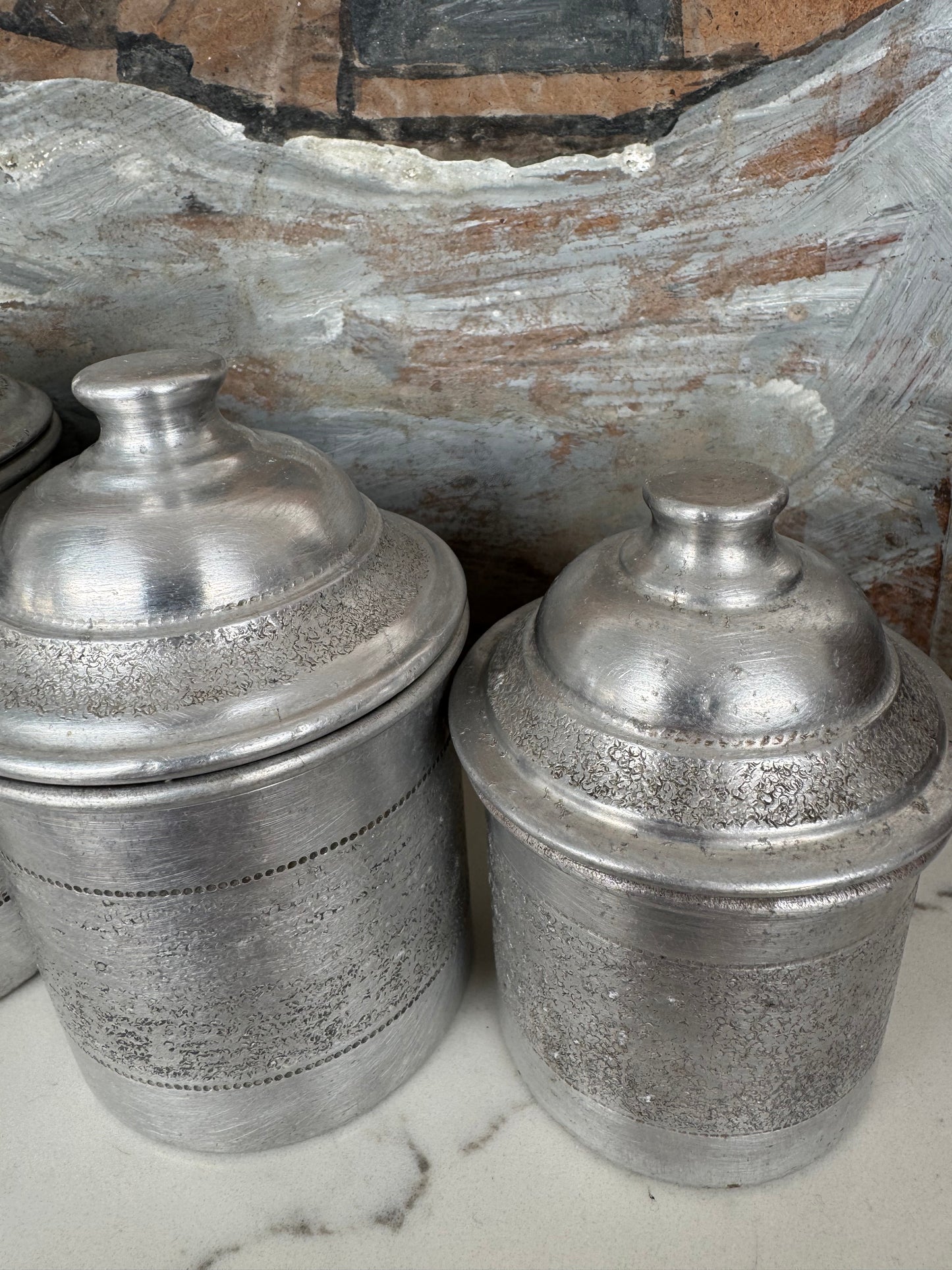 Set Of 5 Vintage French Aluminium Stacking Canisters