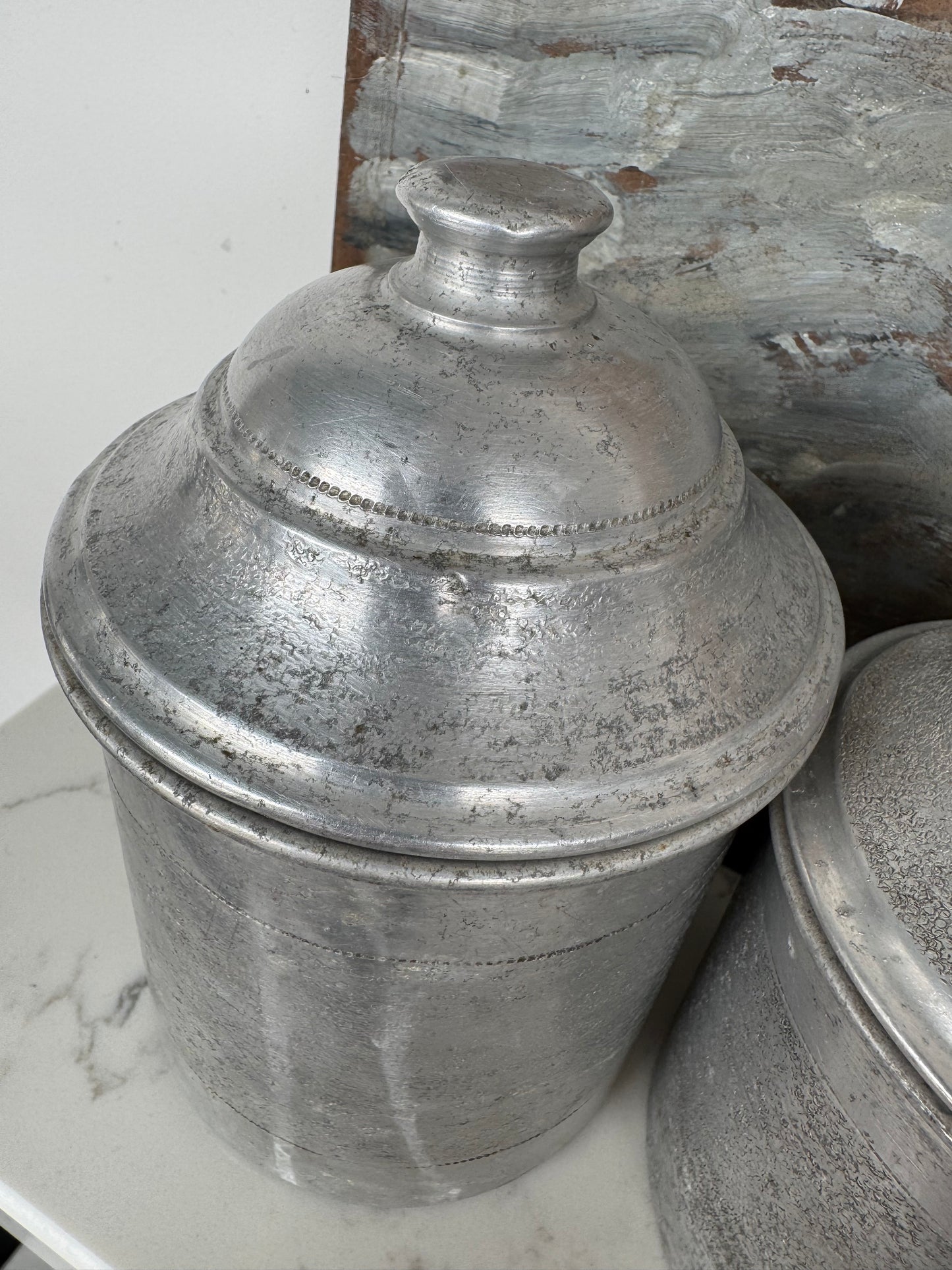 Set Of 5 Vintage French Aluminium Stacking Canisters