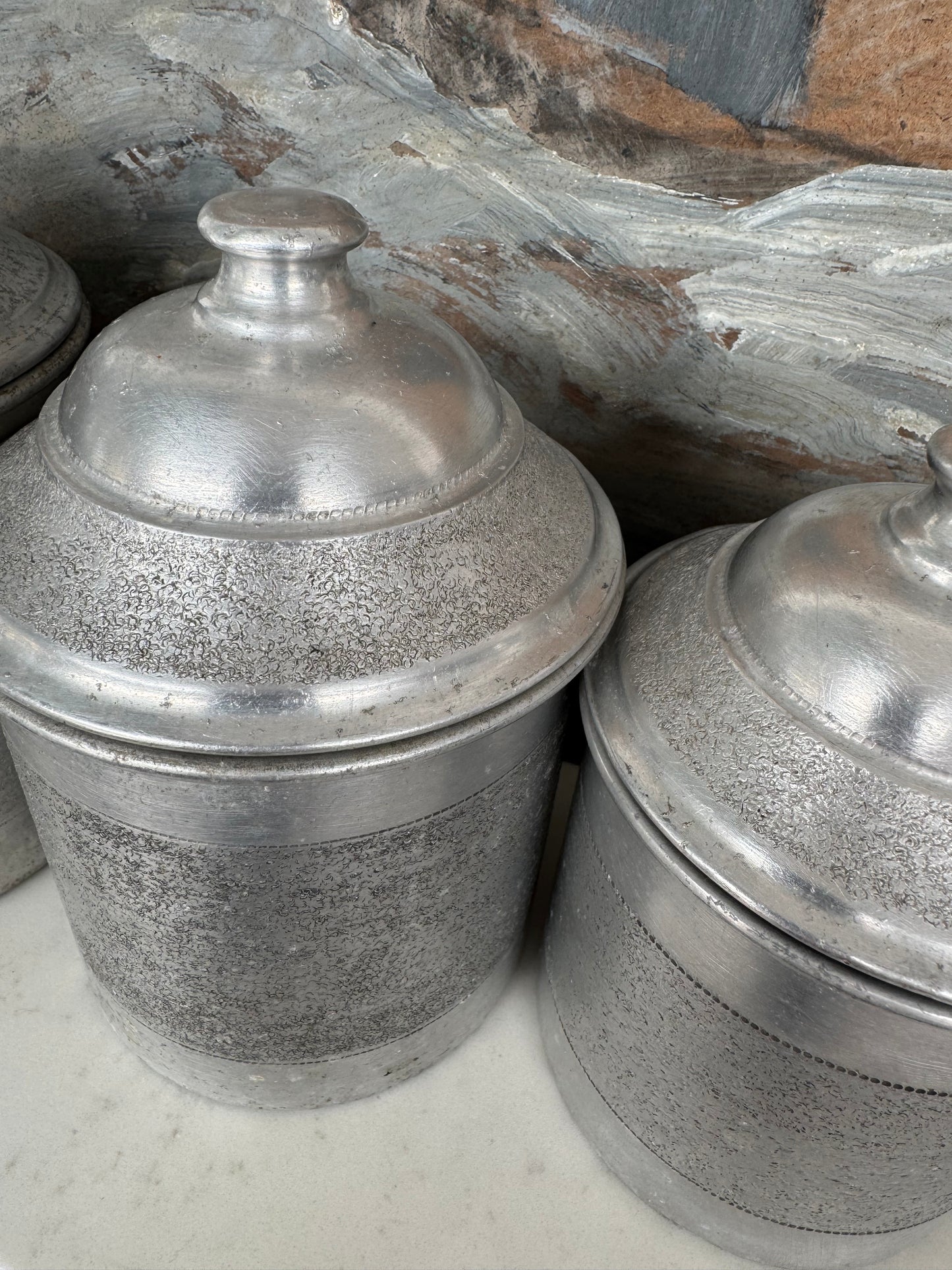 Set Of 5 Vintage French Aluminium Stacking Canisters