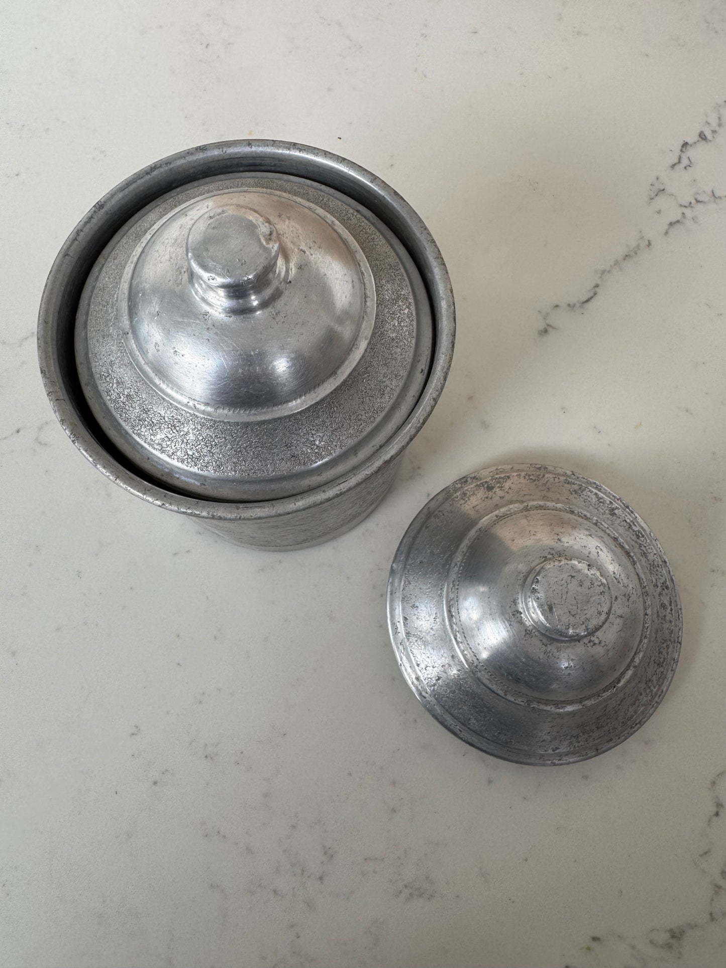 Set Of 5 Vintage French Aluminium Stacking Canisters