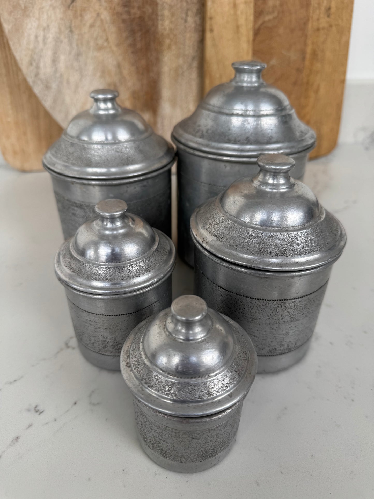 Set Of 5 Vintage French Aluminium Stacking Canisters