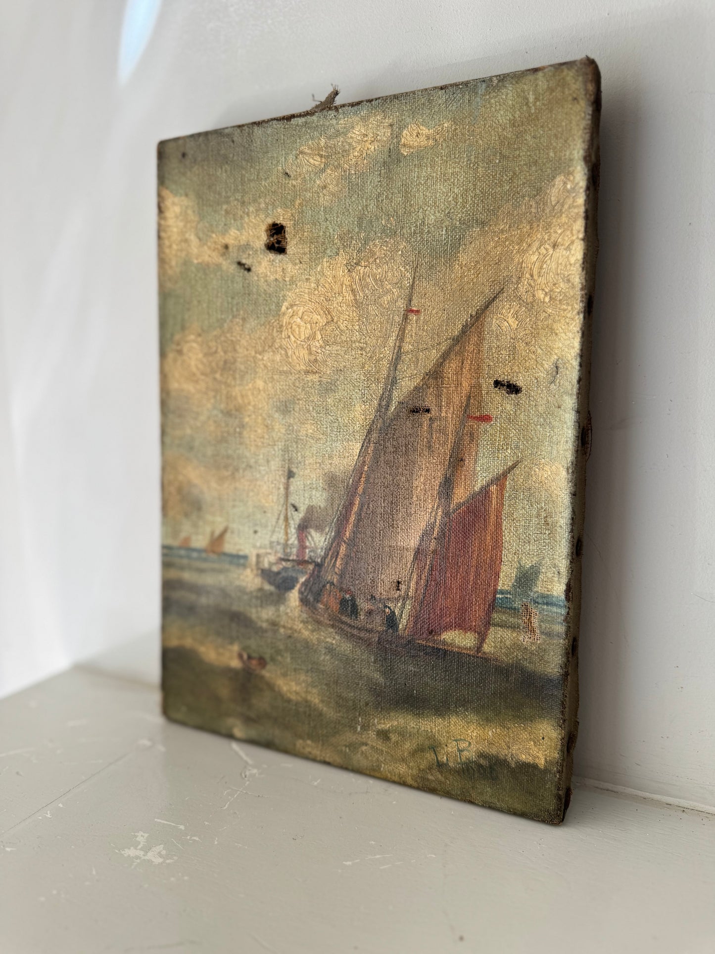 Antique Small Oil On Canvas Boats