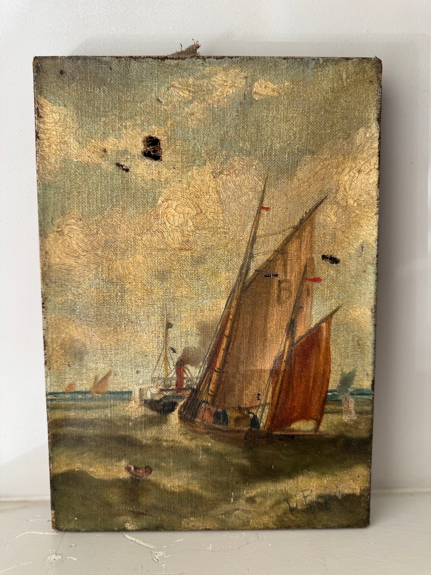 Antique Small Oil On Canvas Boats