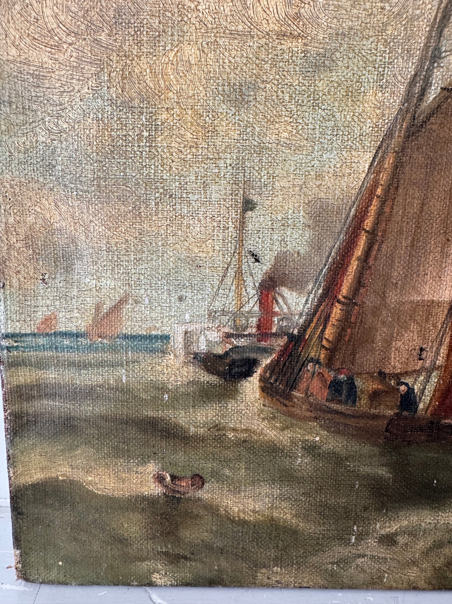 Antique Small Oil On Canvas Boats