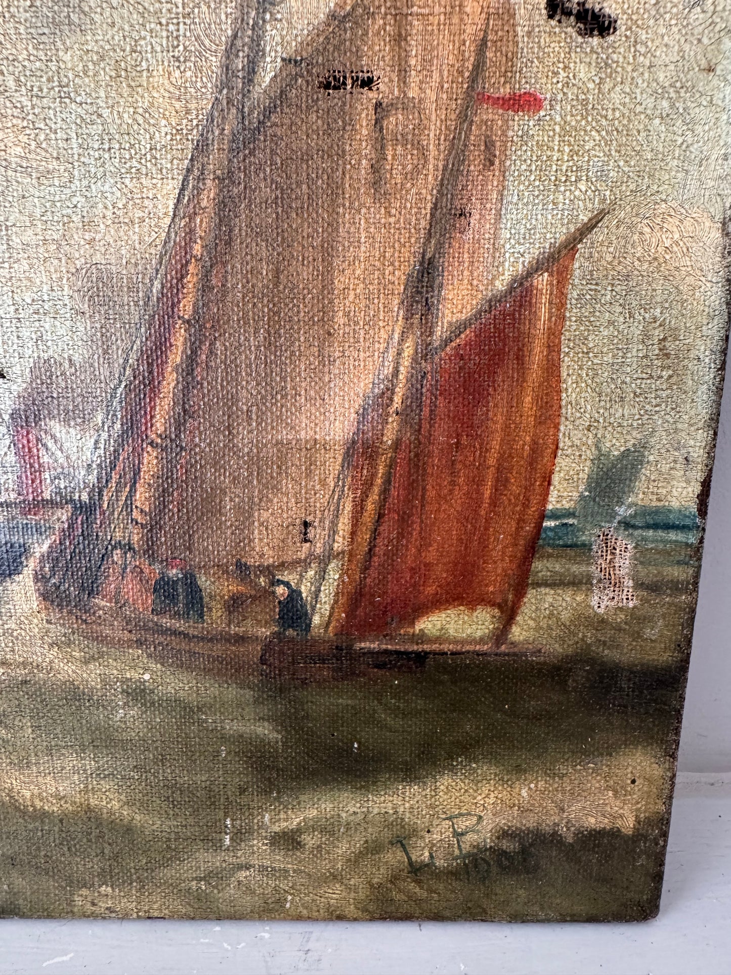Antique Small Oil On Canvas Boats