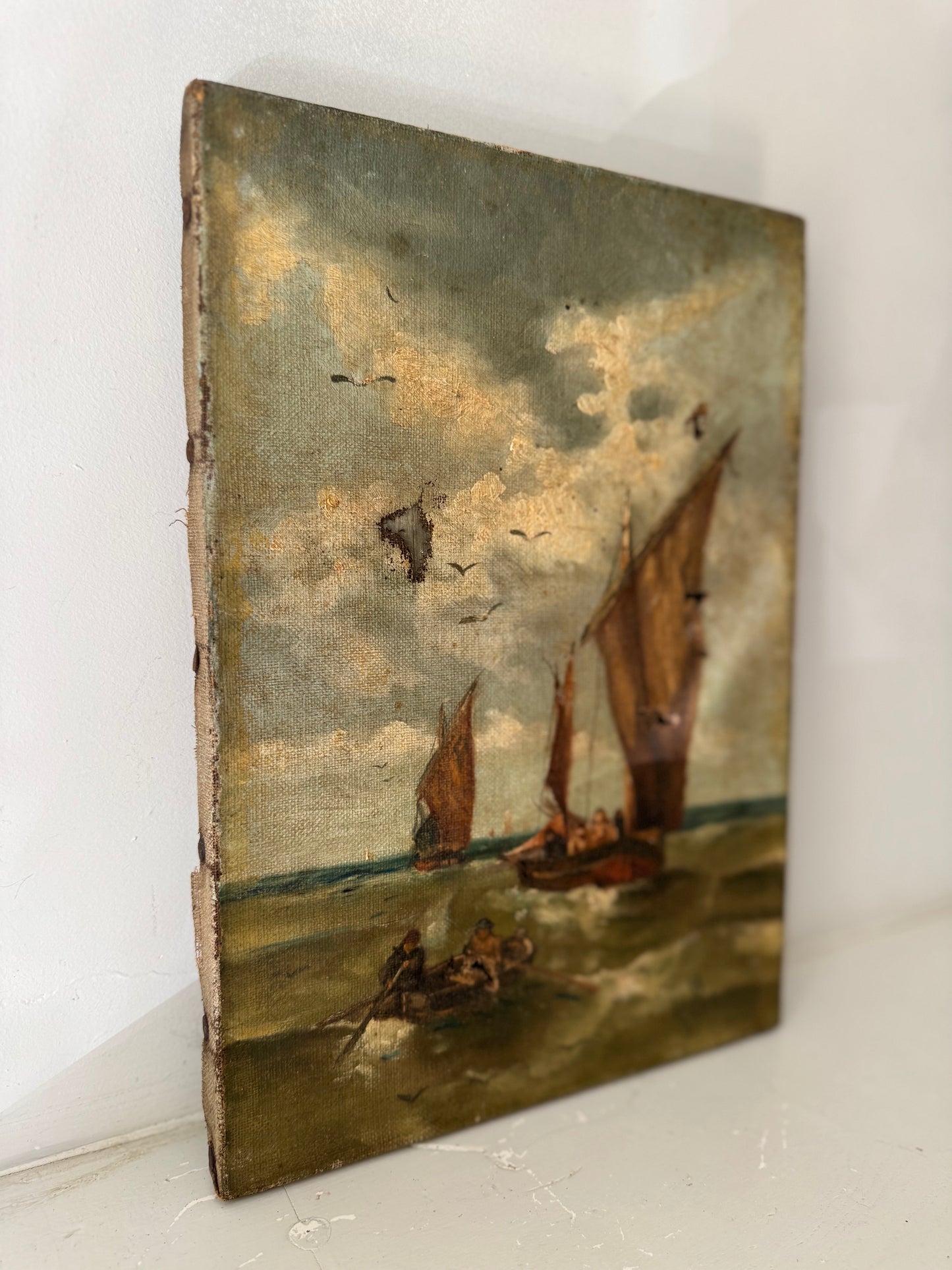 Antique Small Oil On Canvas Row Boat