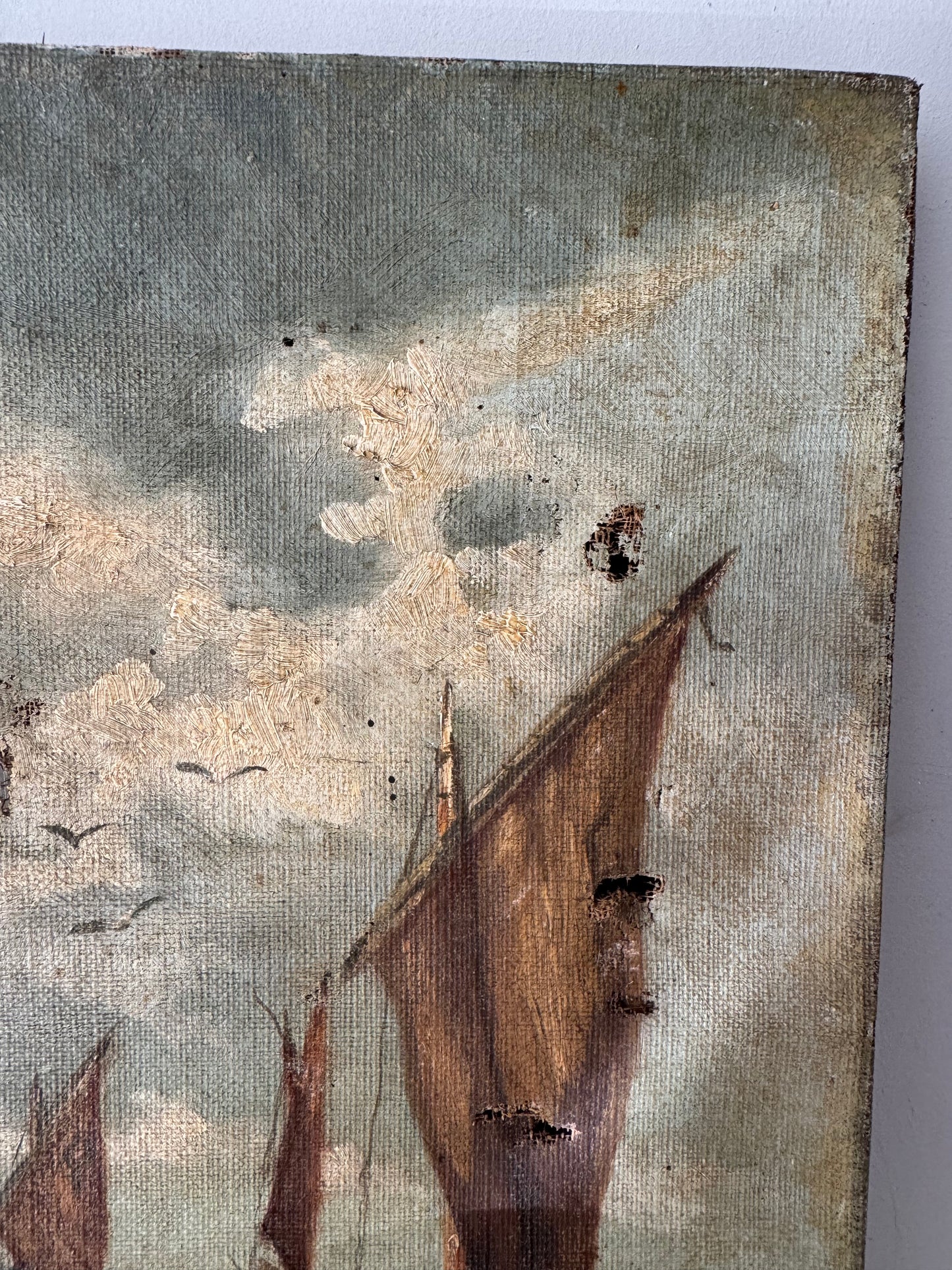 Antique Small Oil On Canvas Row Boat