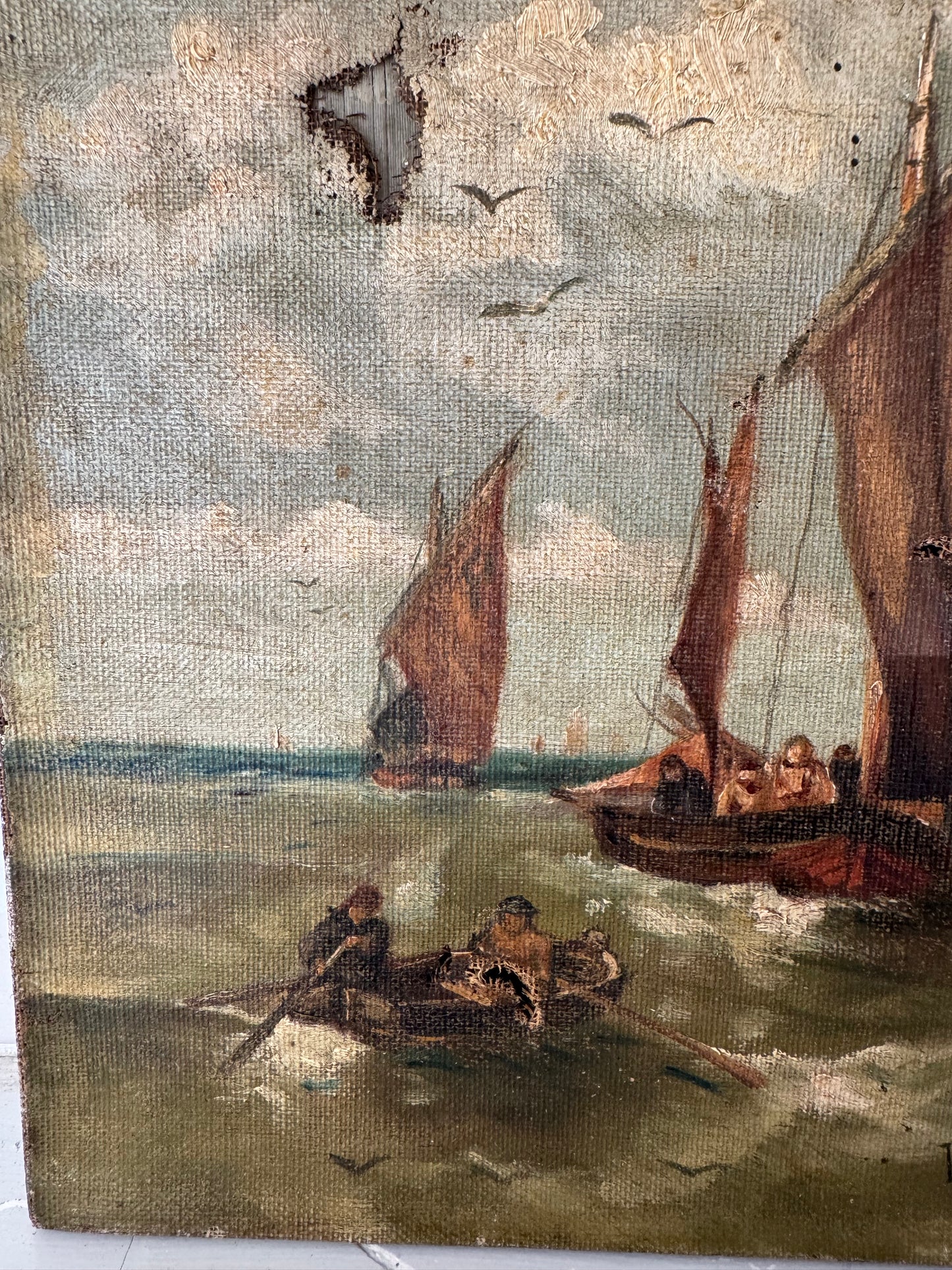 Antique Small Oil On Canvas Row Boat