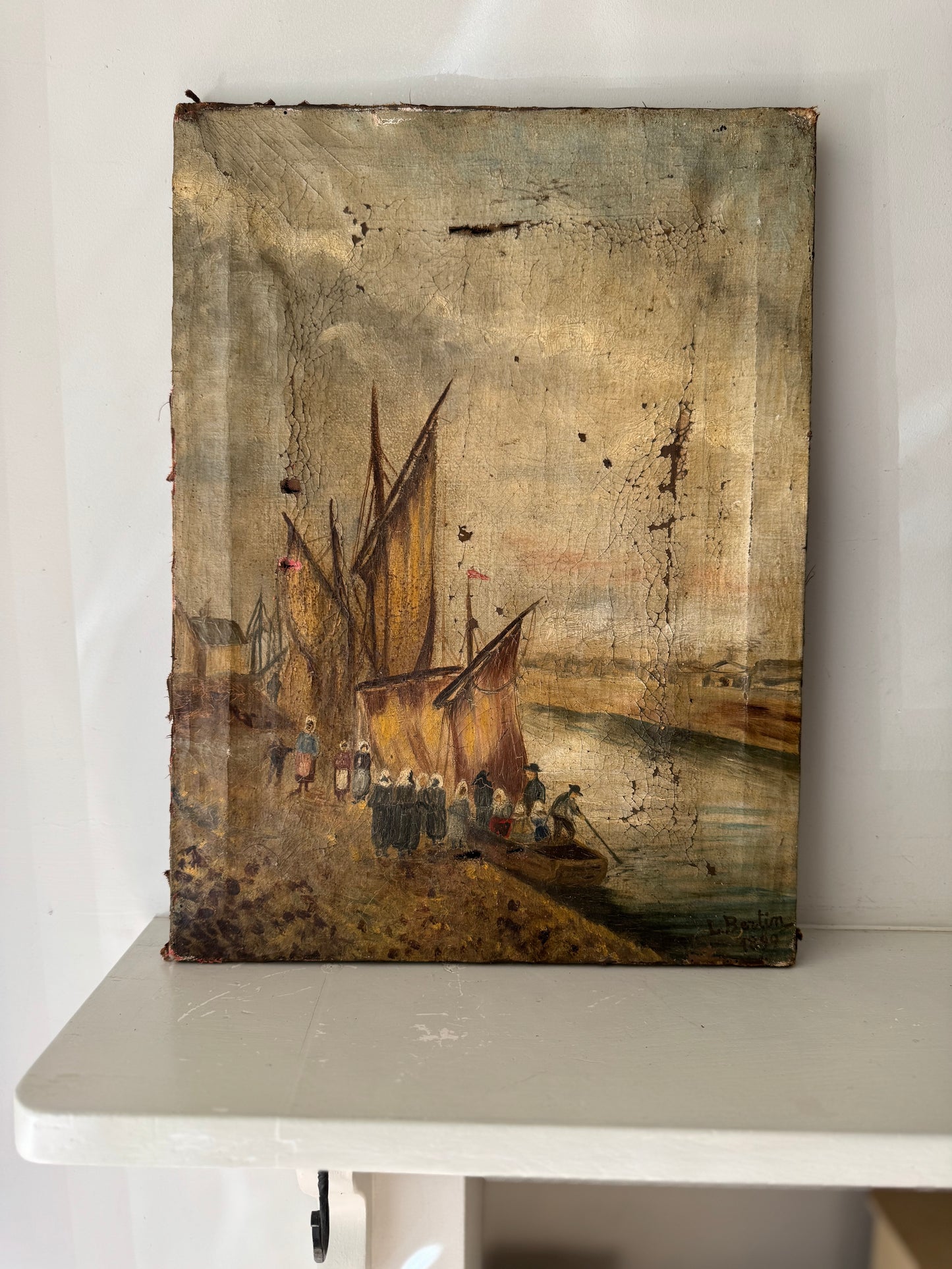Antique Oil On Canvas Sail Boats In Dock