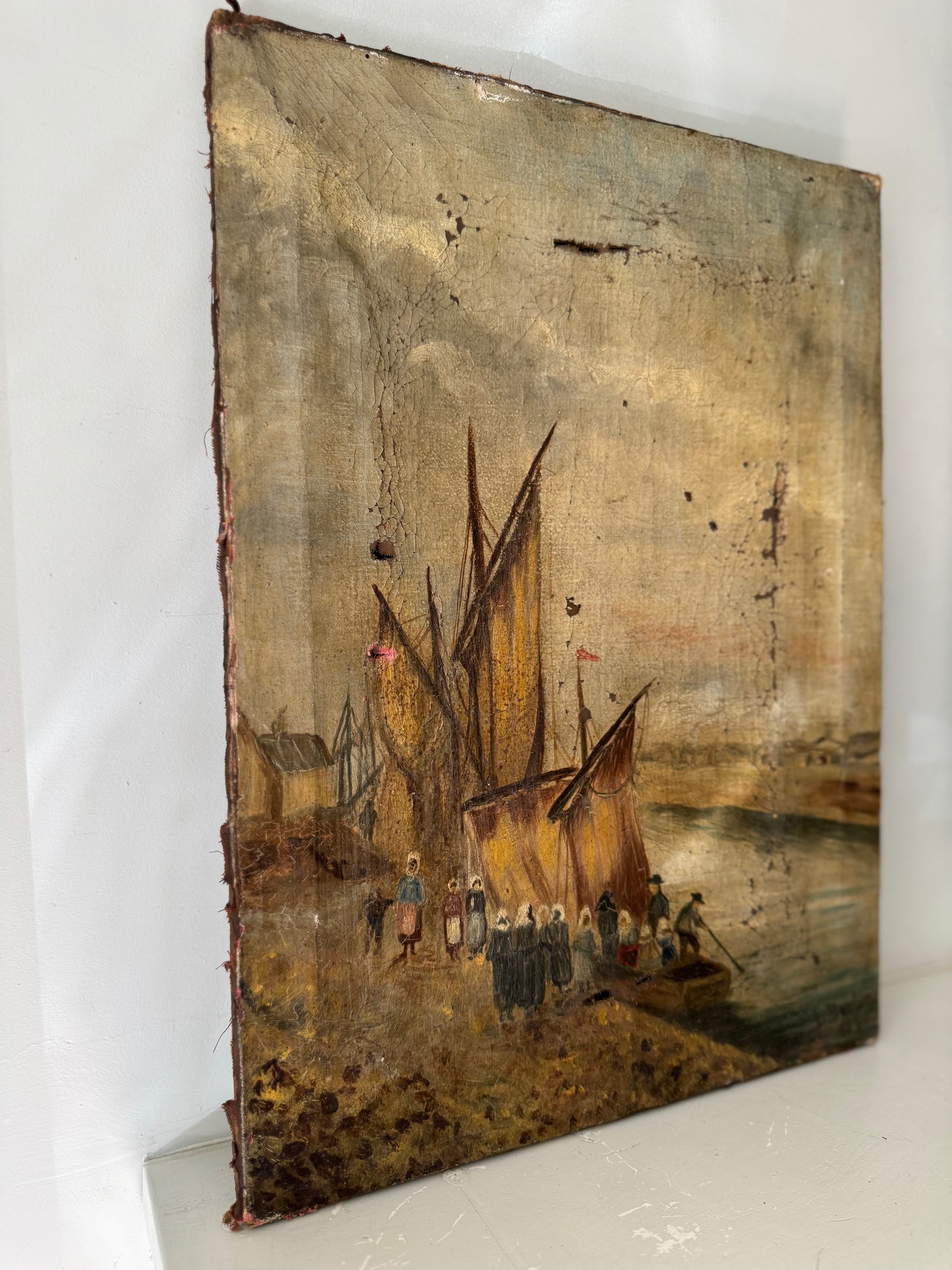 Antique Oil On Canvas Sail Boats In Dock