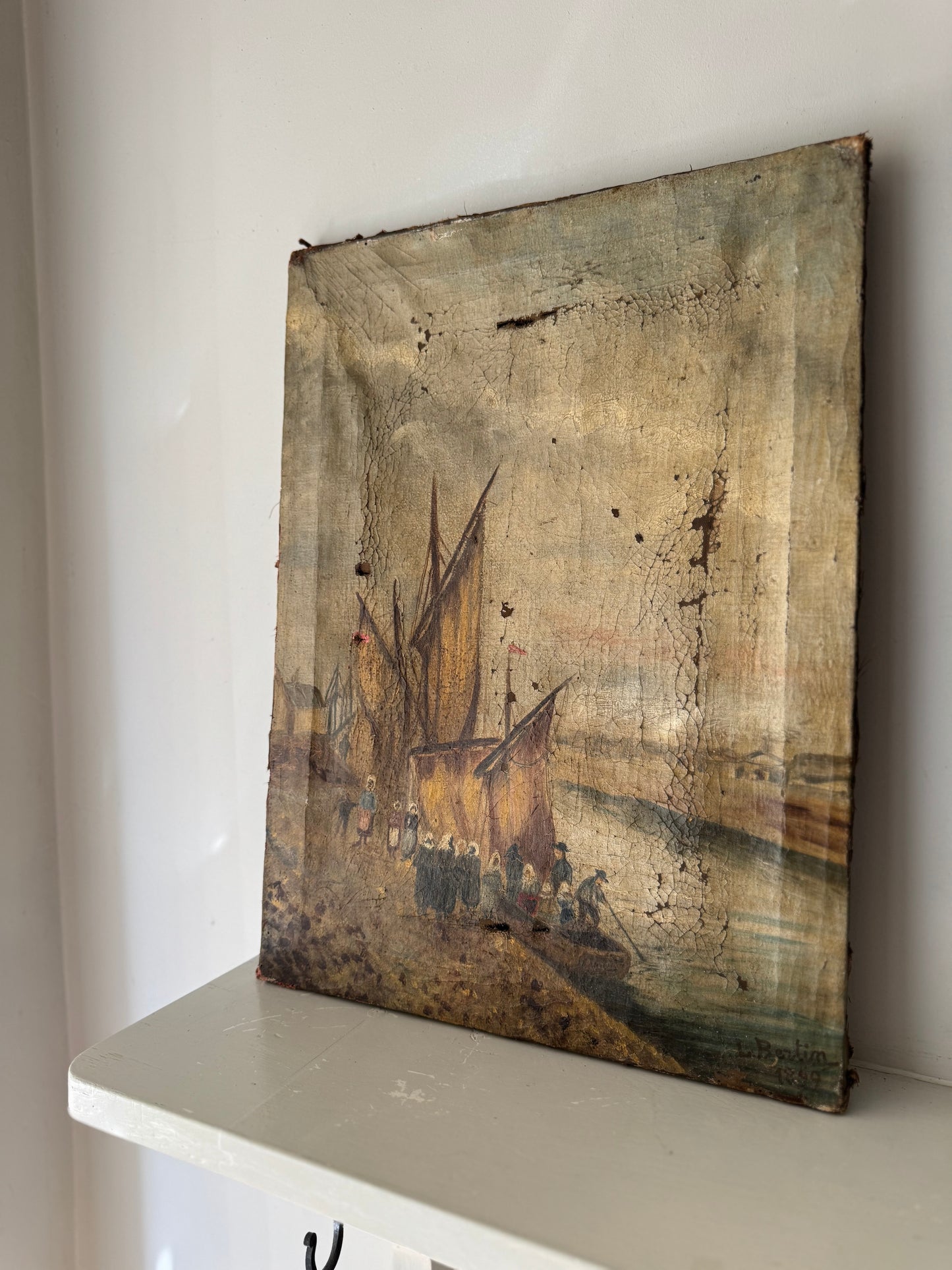 Antique Oil On Canvas Sail Boats In Dock