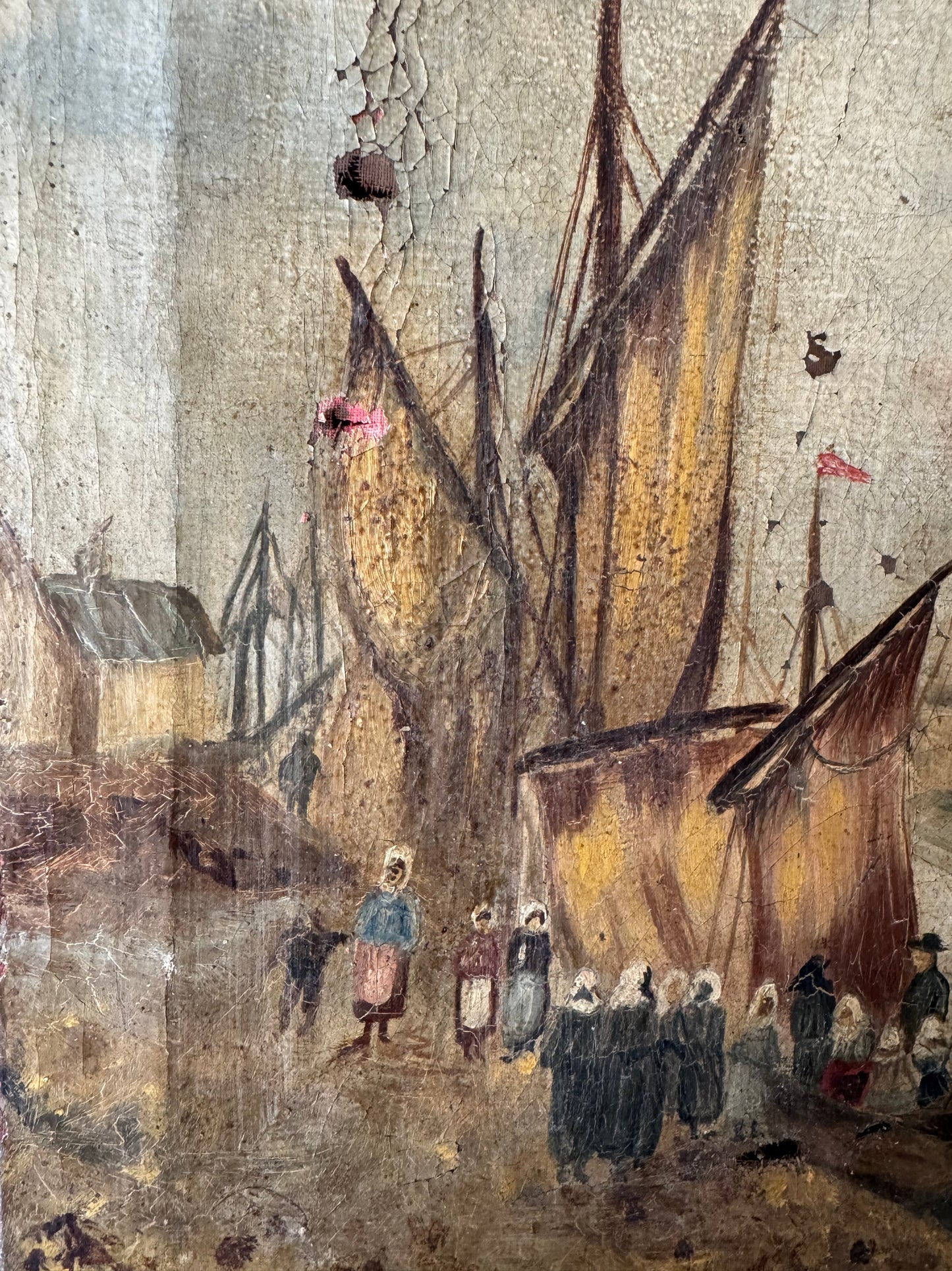 Antique Oil On Canvas Sail Boats In Dock
