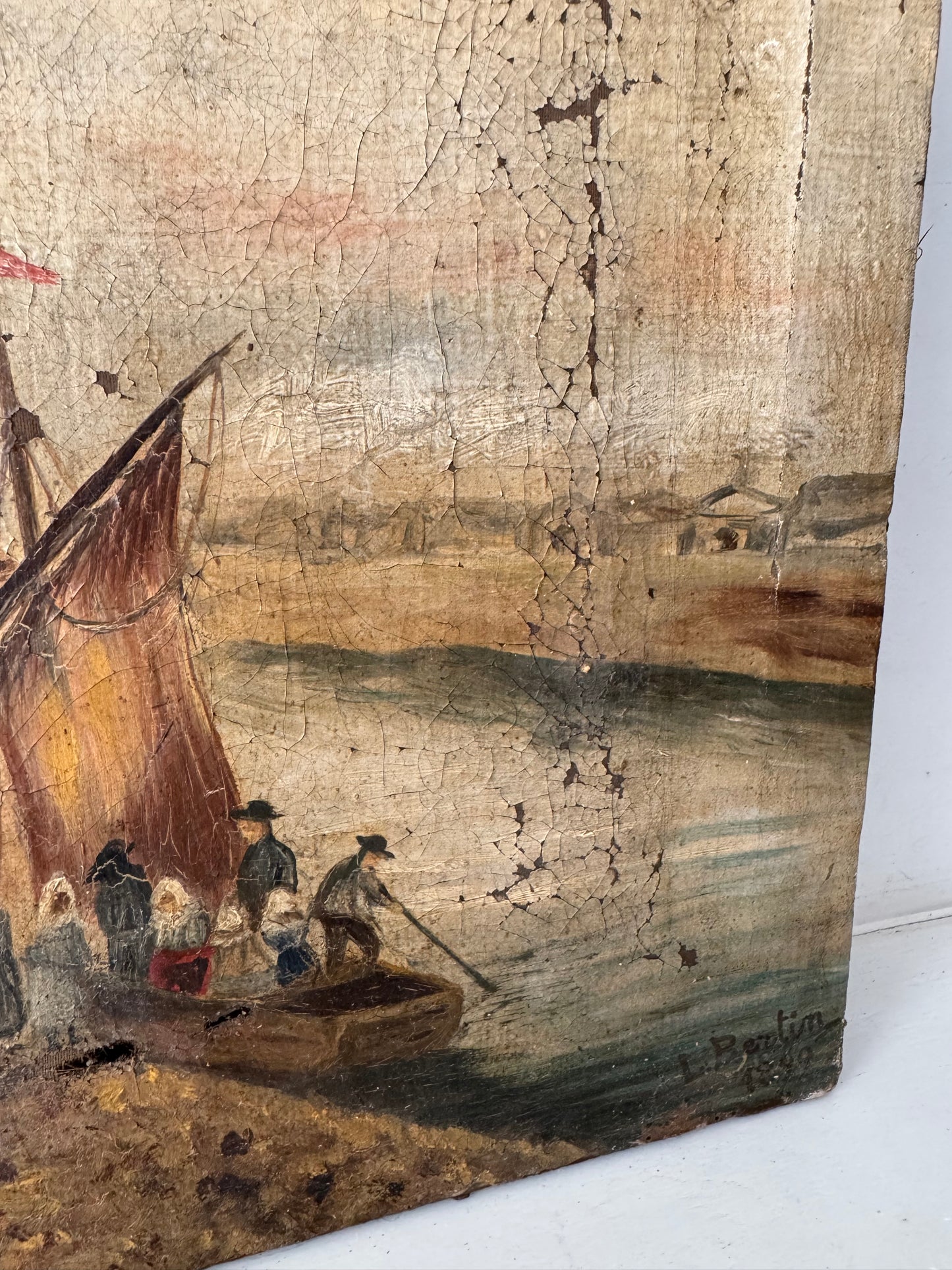 Antique Oil On Canvas Sail Boats In Dock