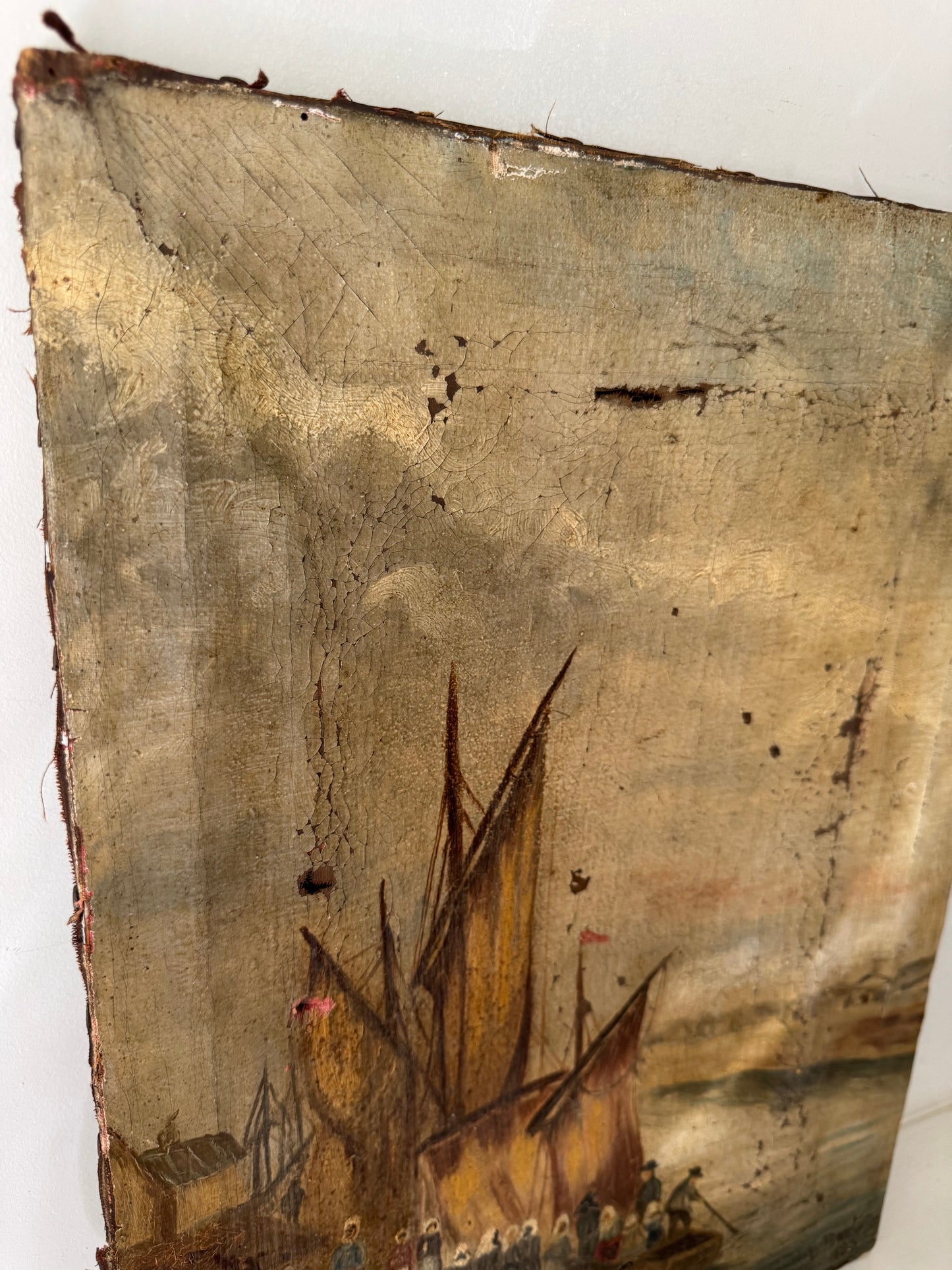 Antique Oil On Canvas Sail Boats In Dock