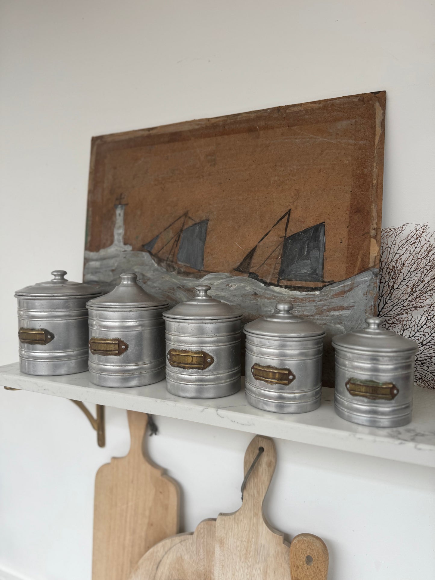 Set Of 5 Vintage French Aluminium Stacking Canisters With Brass Labels