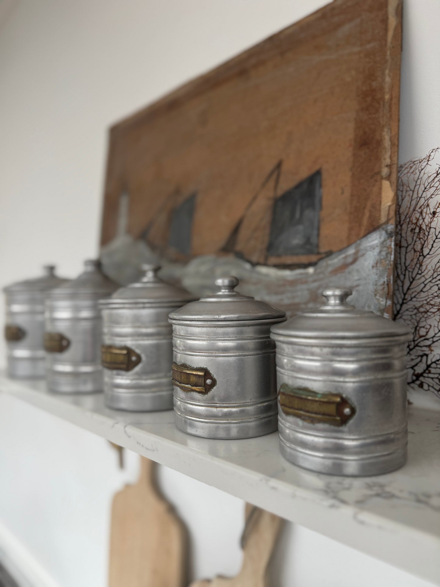 Set Of 5 Vintage French Aluminium Stacking Canisters With Brass Labels