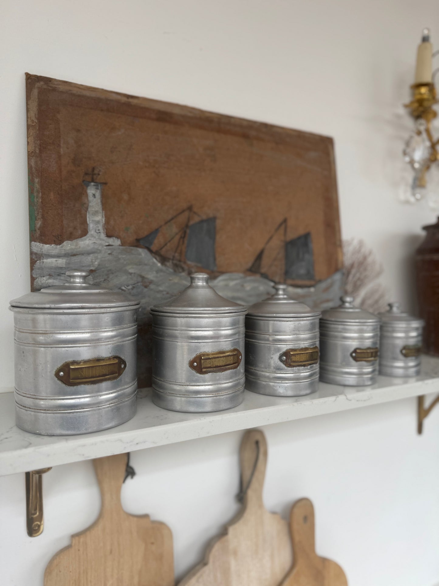 Set Of 5 Vintage French Aluminium Stacking Canisters With Brass Labels